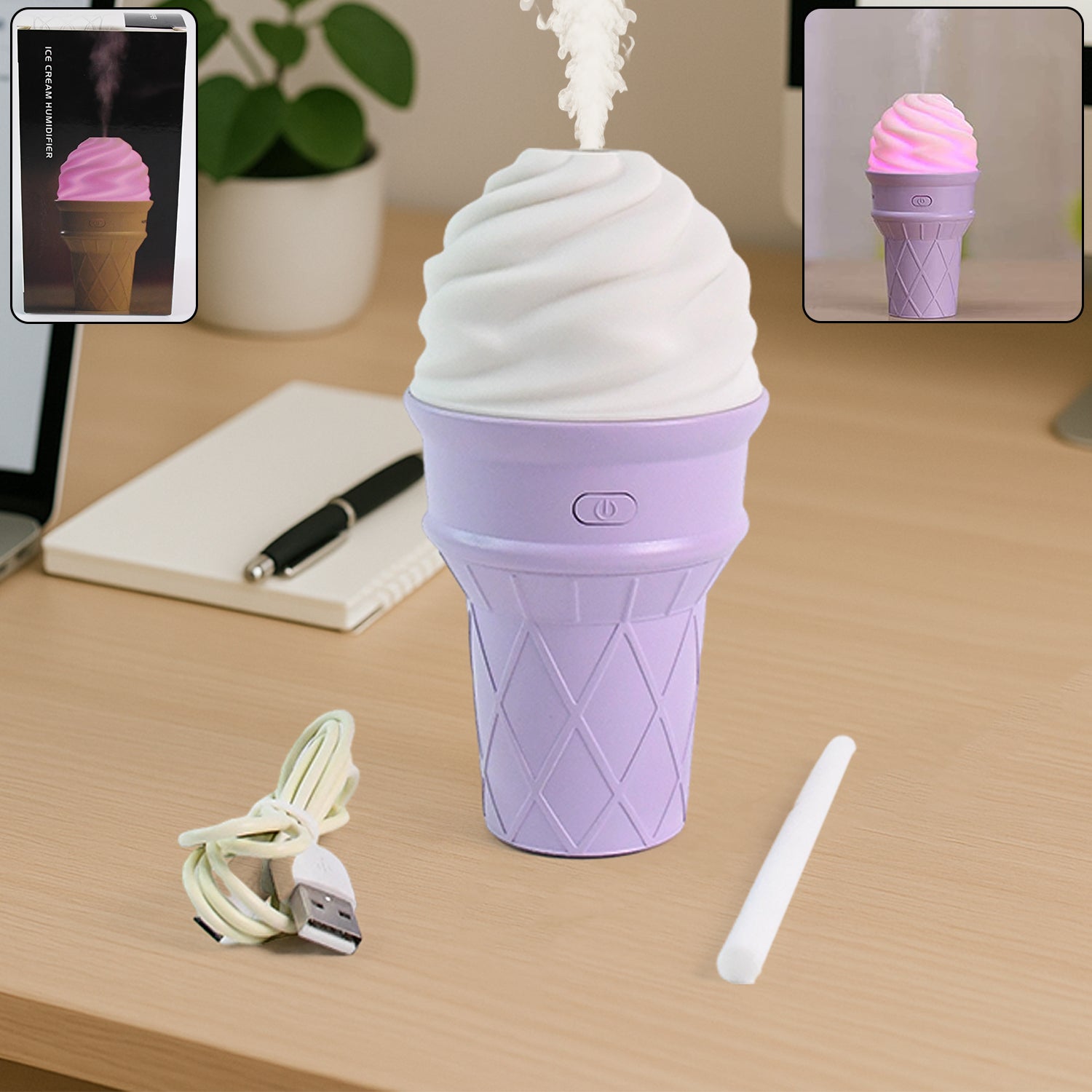 Purple ice cream cone humidifier with LED light on a desk