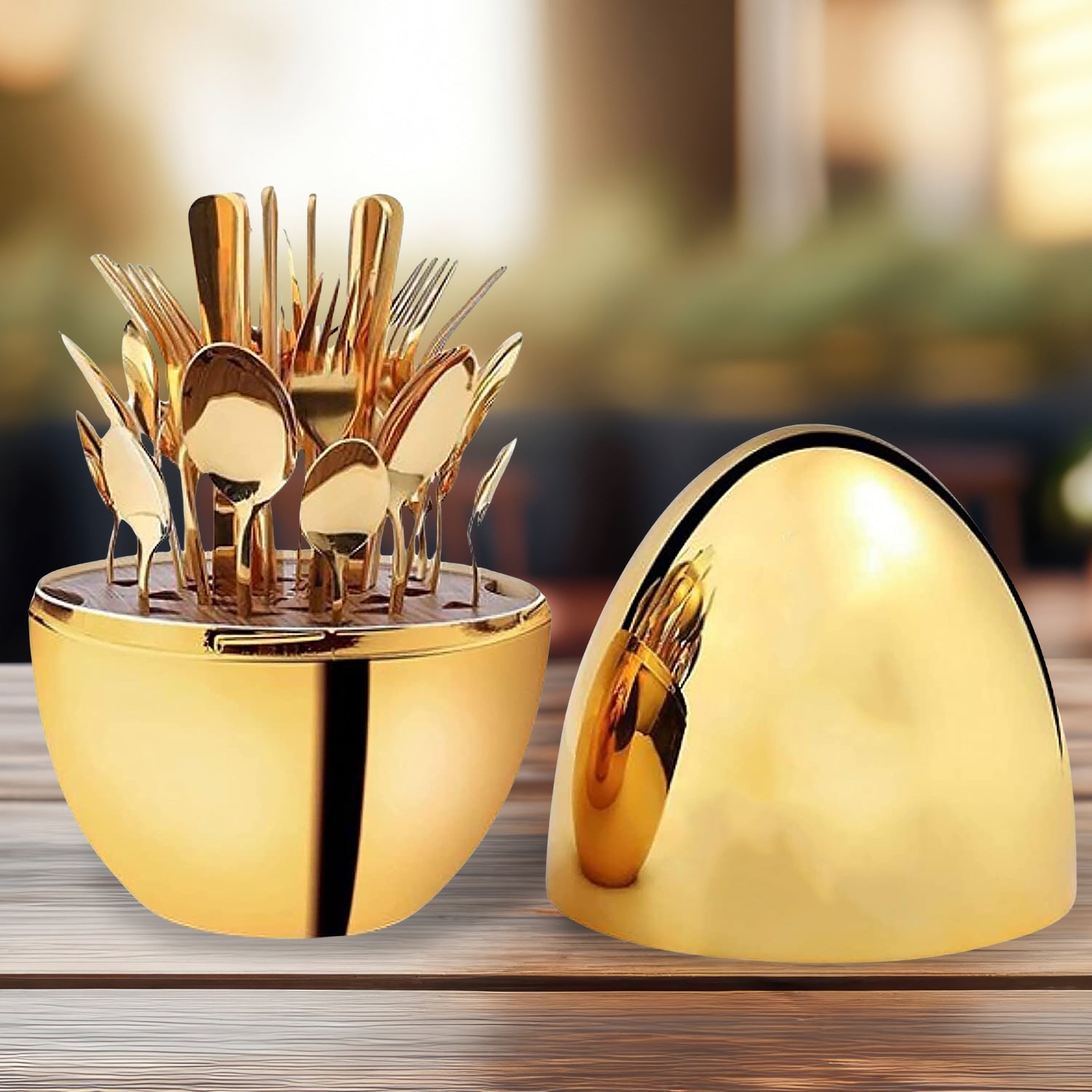 Retail packaging of the 24-piece golden cutlery set, ready for gifting.