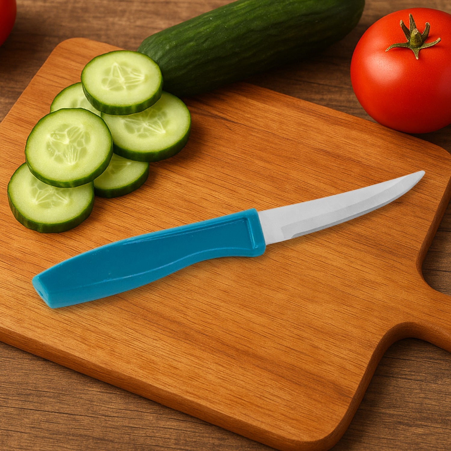 Supermom vegetable knife showing sharp stainless steel blade with ergonomic handle