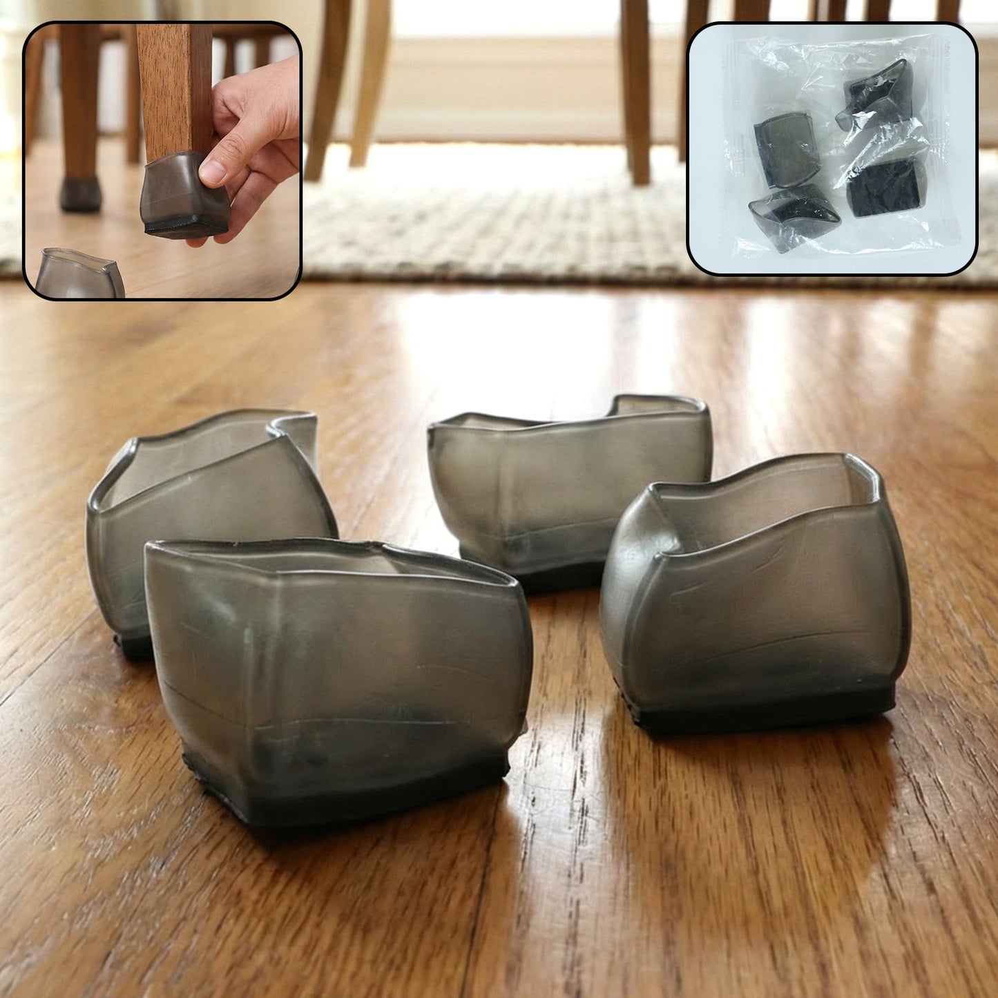 Silicone furniture leg pads protecting wooden floor