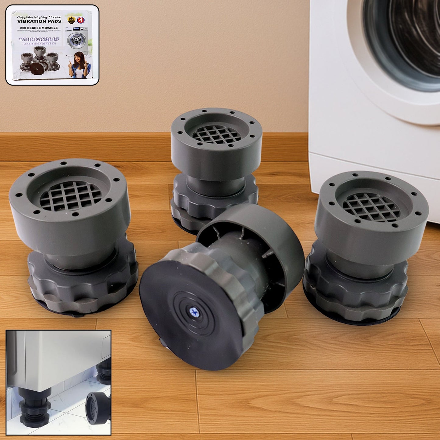 Adjustable anti-vibration pads supporting washing machine and refrigerator base