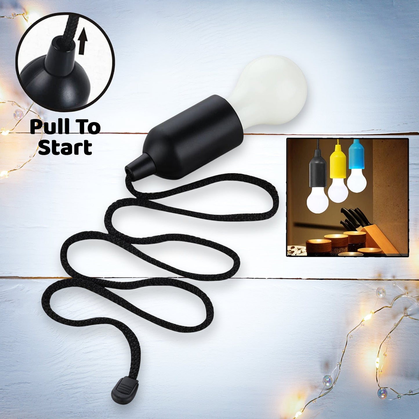 Black LED Pull Cord Light hanging, illuminated brightly to show its white light.