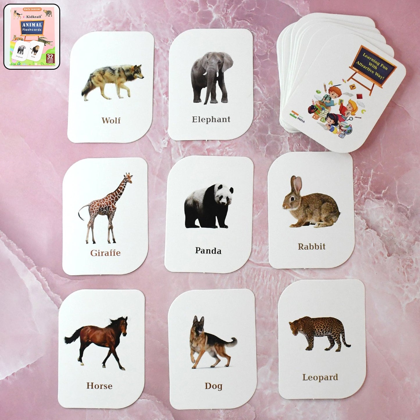 Box containing 32 durable and laminated animal flash cards for toddlers