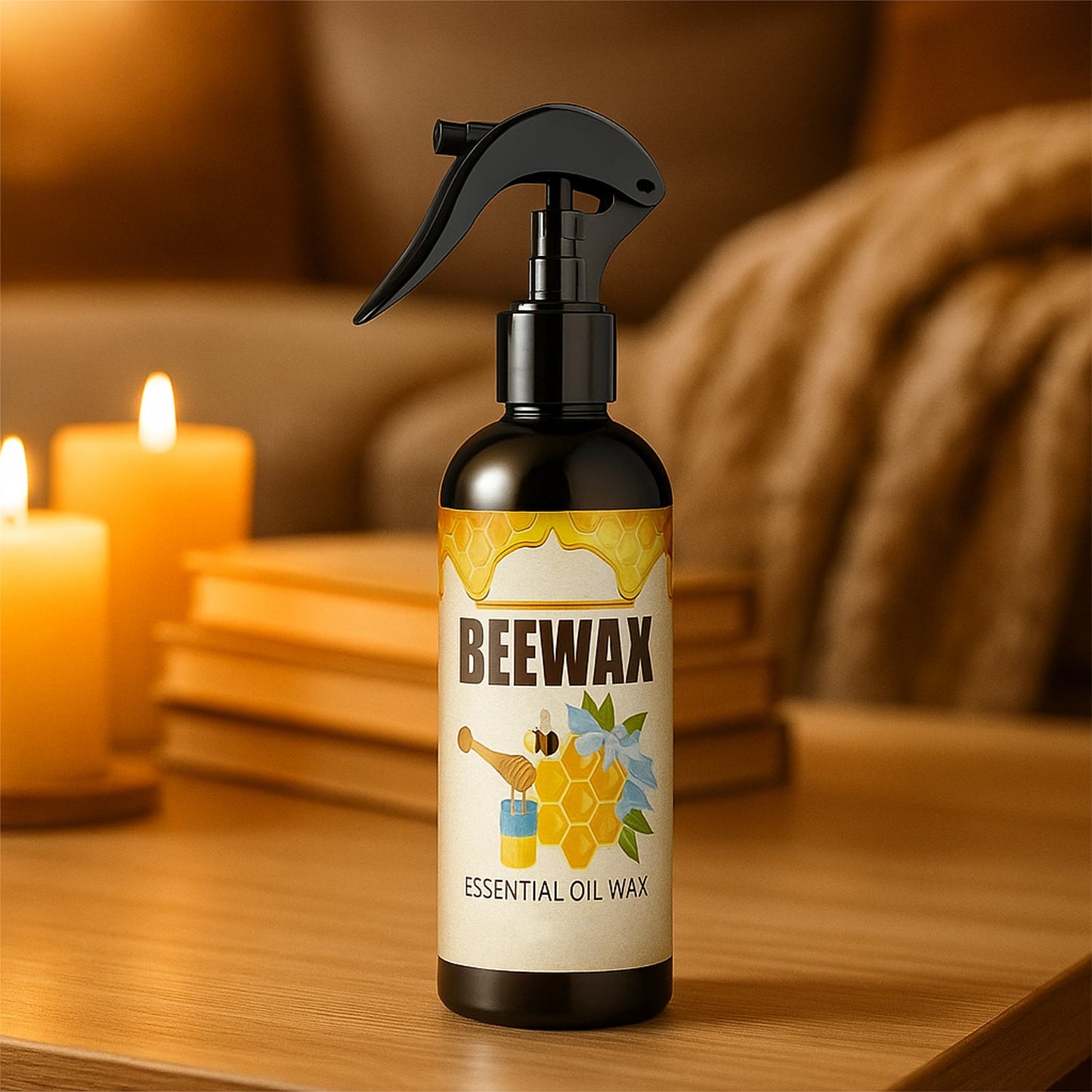 Beeswax wood polish spray bottle on wooden surface