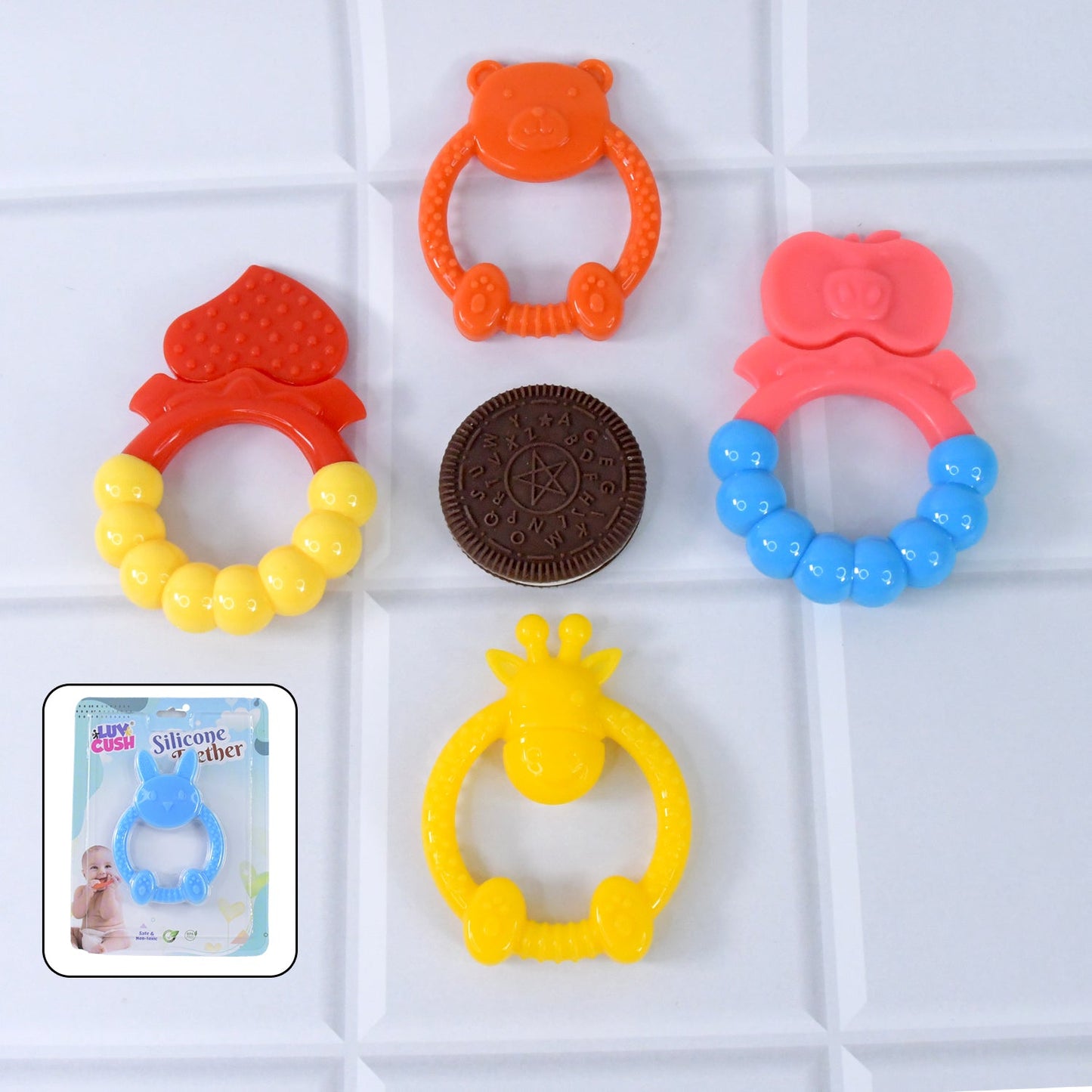 Silicone baby teether in gentle pastel tones, easy for babies to hold