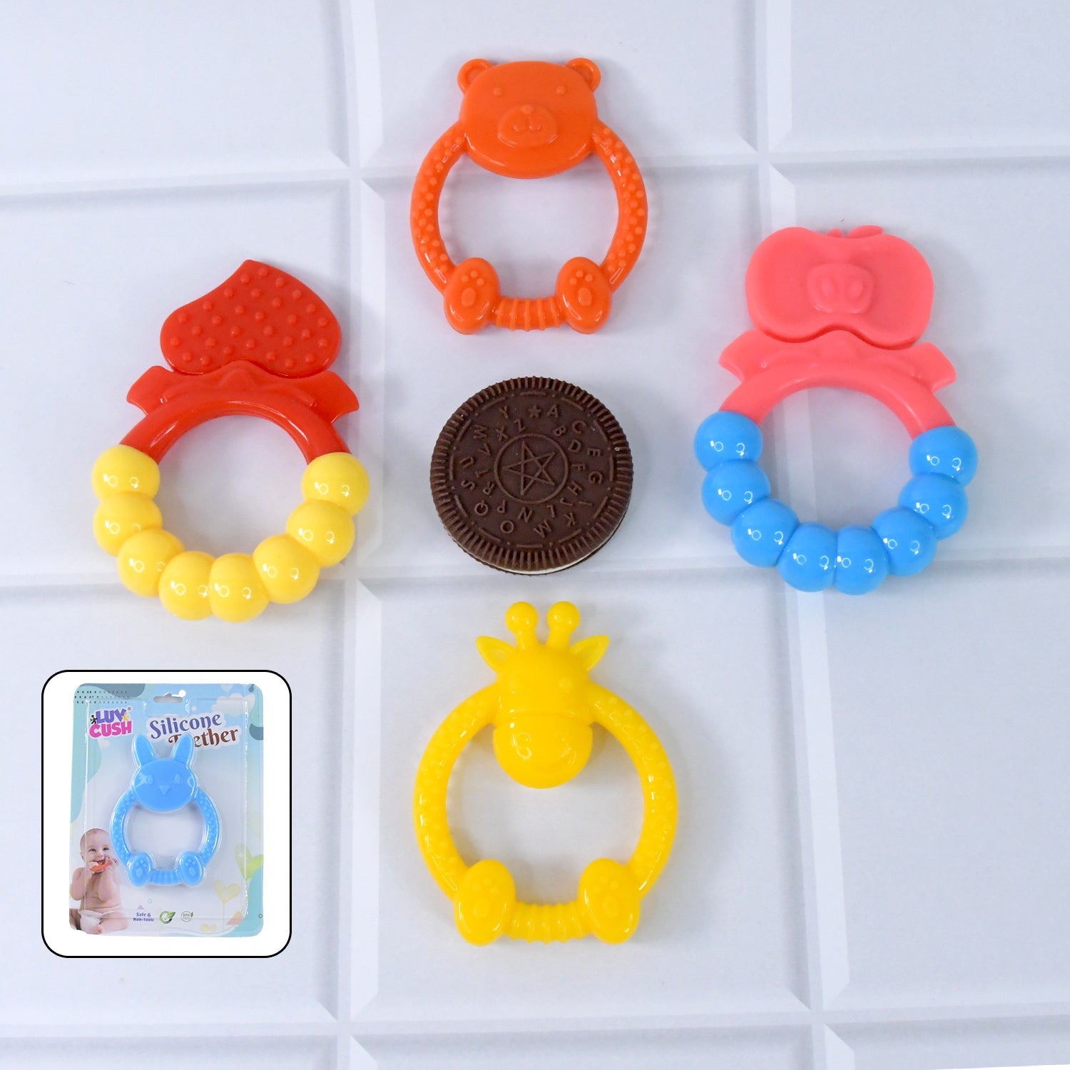 Silicone baby teether in gentle pastel tones, easy for babies to hold