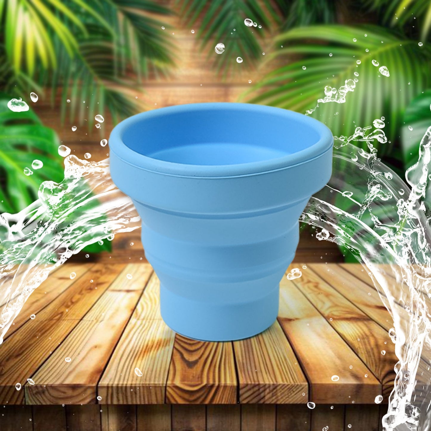 Compact foldable silicone mug demonstrating its space-saving collapsed form.