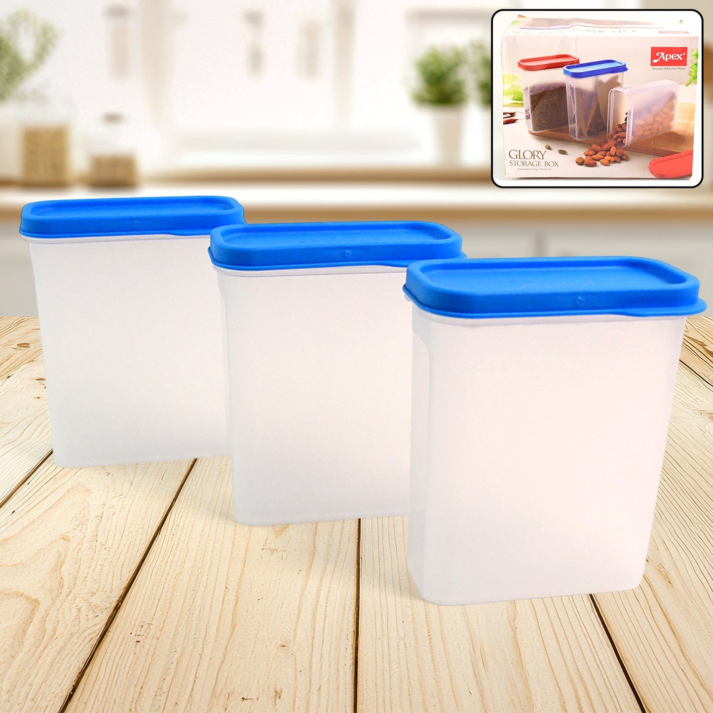 Apex Glory airtight food storage containers with blue lids on kitchen counter