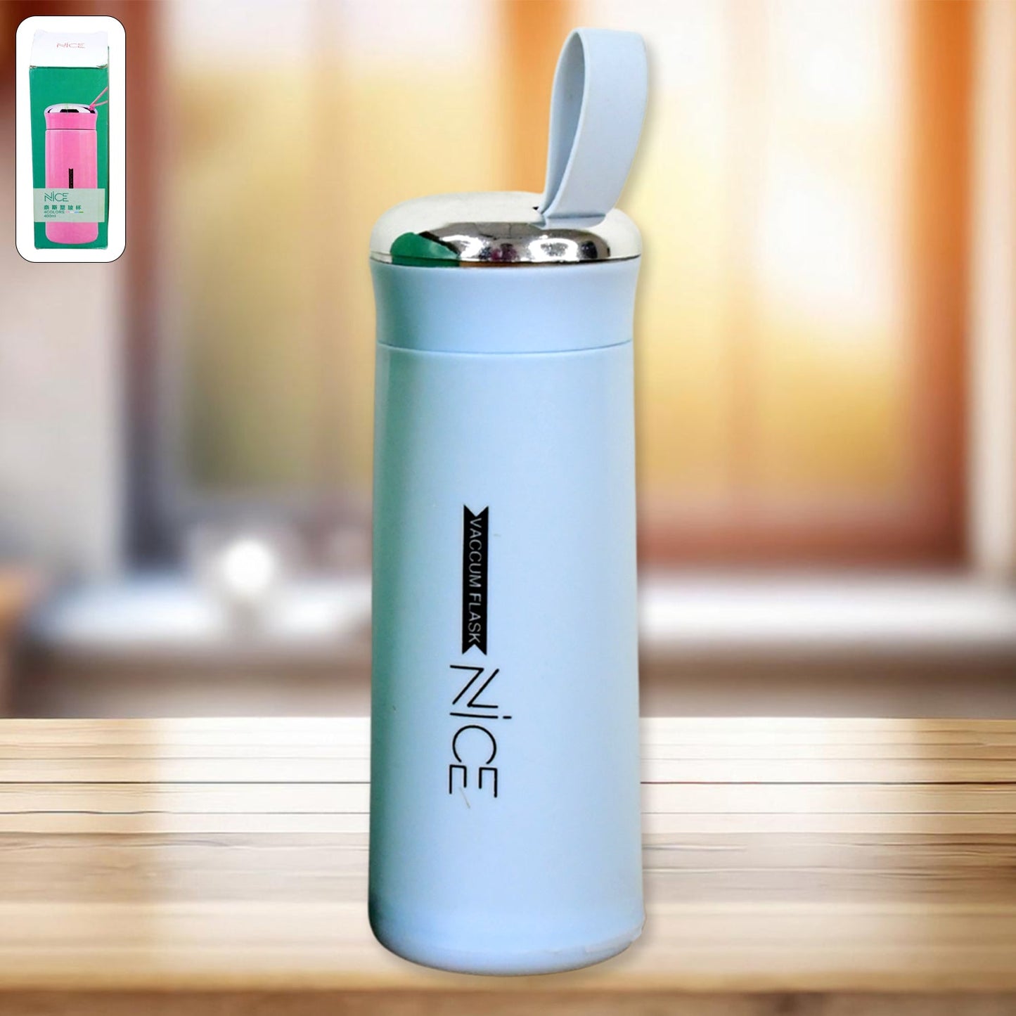 Light blue glass water bottle 400ml leak proof with bamboo lid