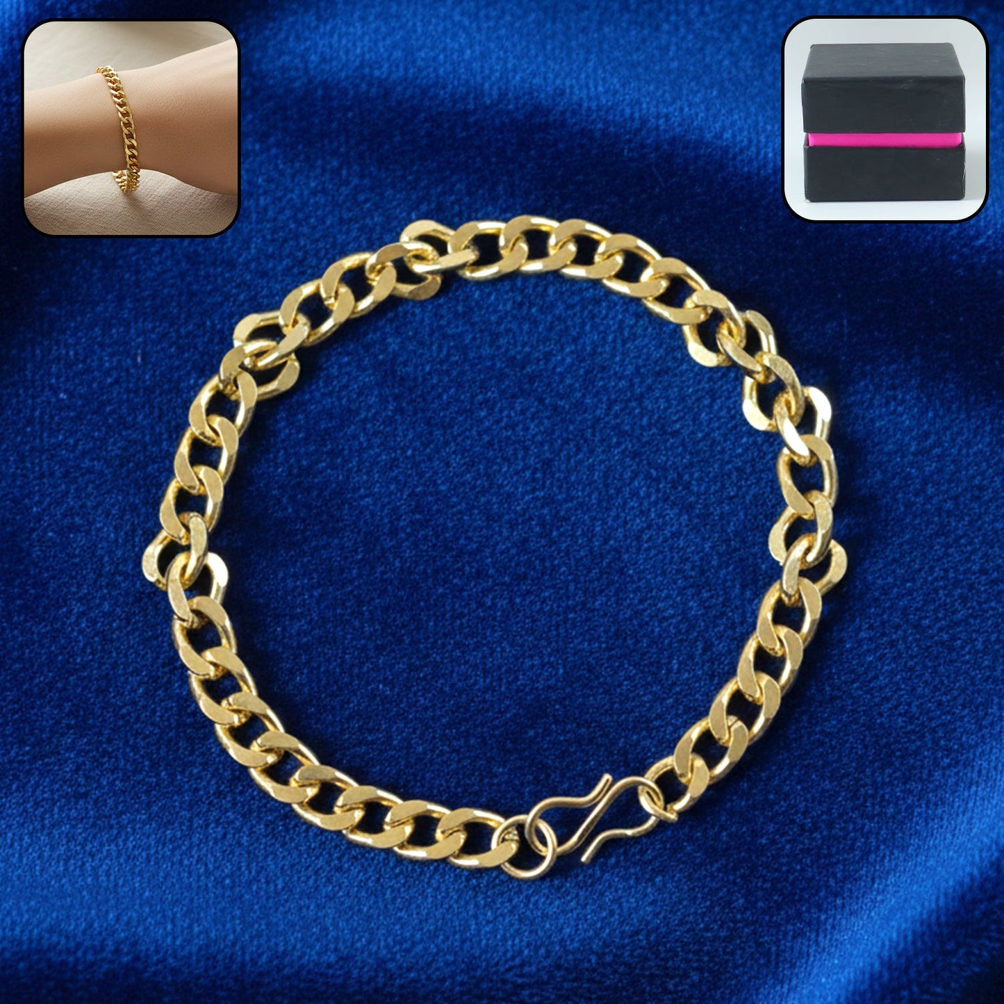 Gold finish classic chain link bracelet for men and women on wrist