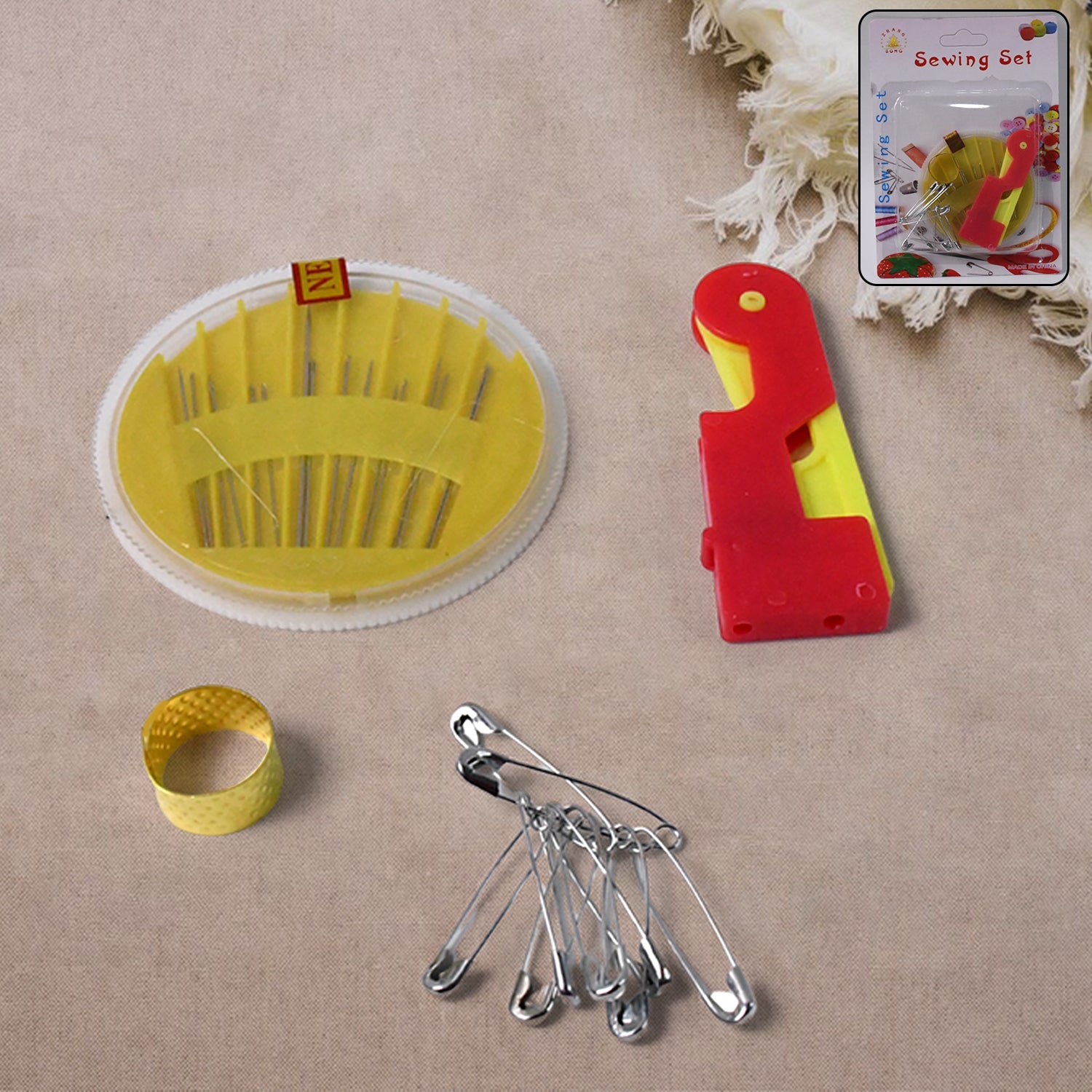 Tailoring sewing kit displaying assorted threads and essential accessories for multipurpose use