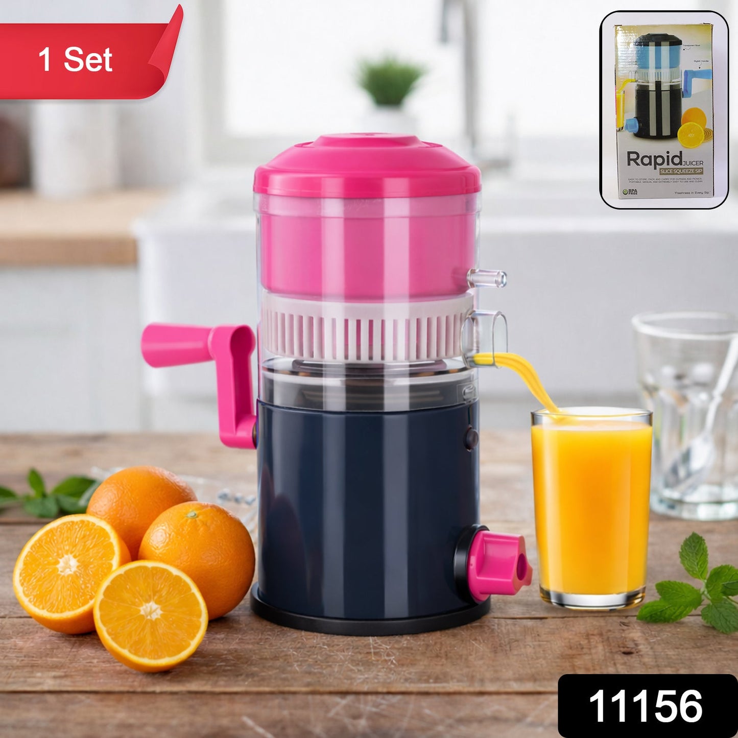 Hand operated manual fruit juice extractor in kitchen setting