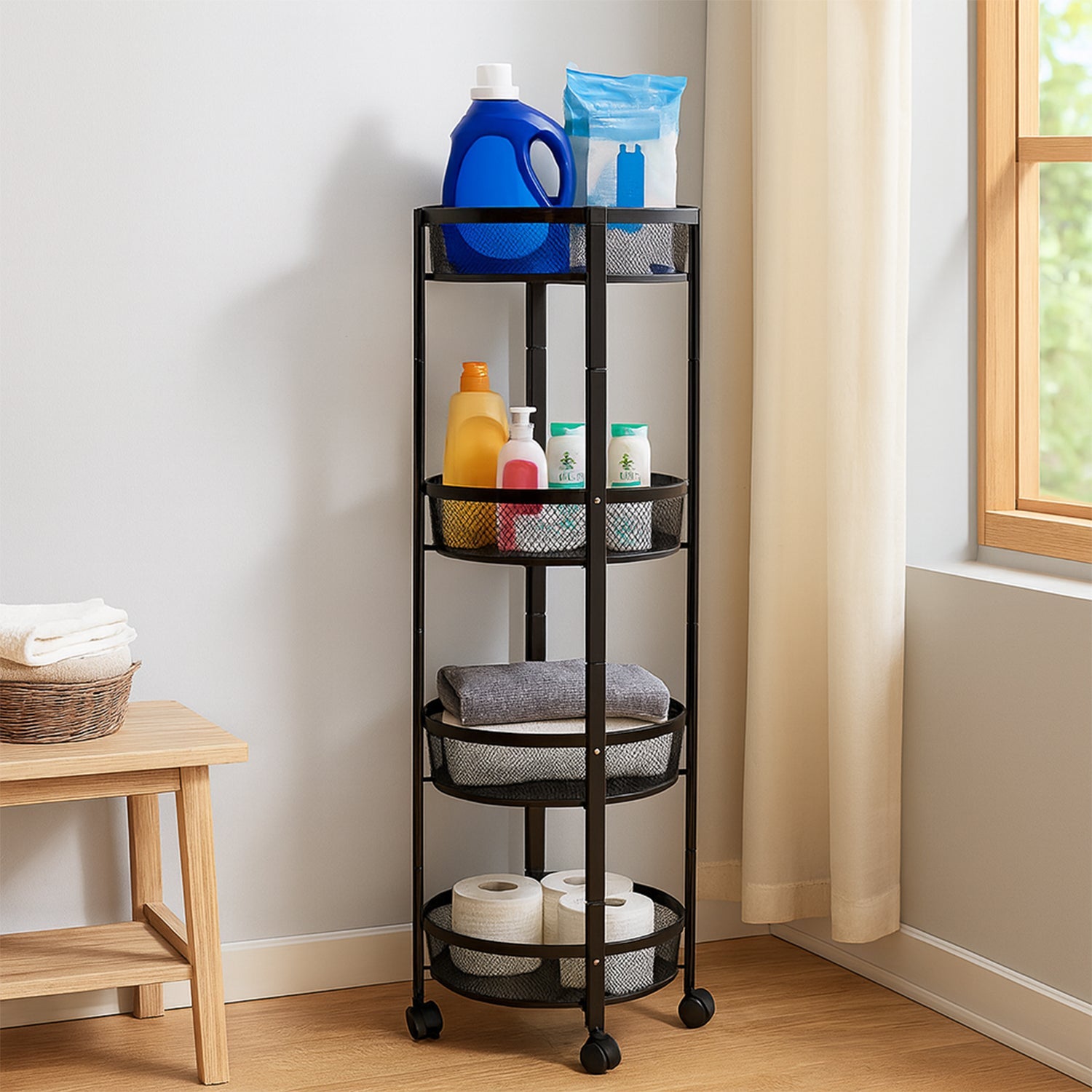 Durable black metal folding storage cart with powder-coated mesh baskets and wheels