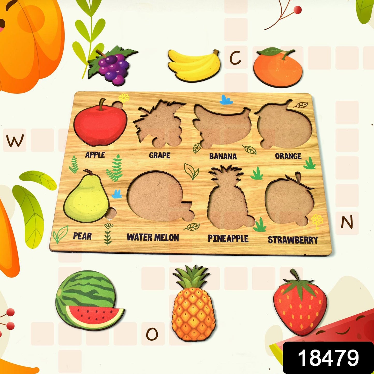 Toddler hands playing with the wooden fruit puzzle, placing a banana shape.