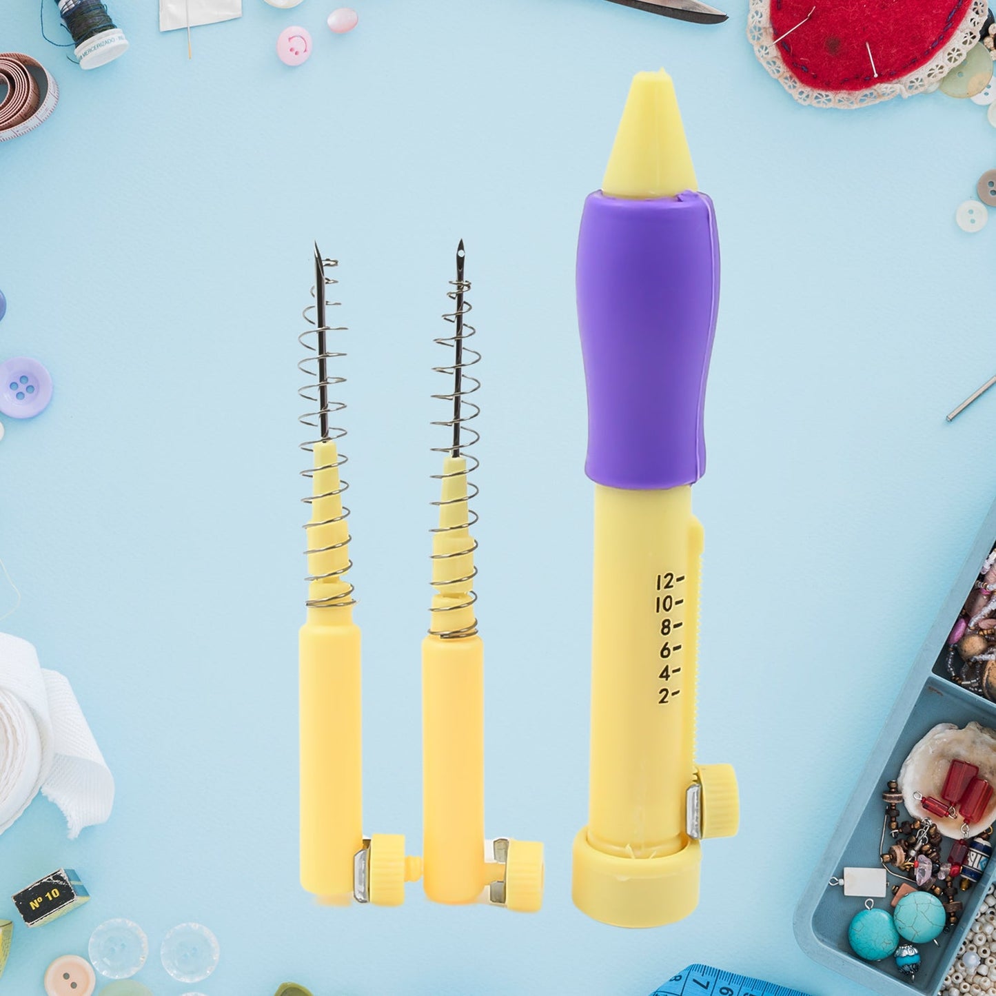 Punch Needle Set with ergonomic handle and various needle sizes for DIY embroidery.
