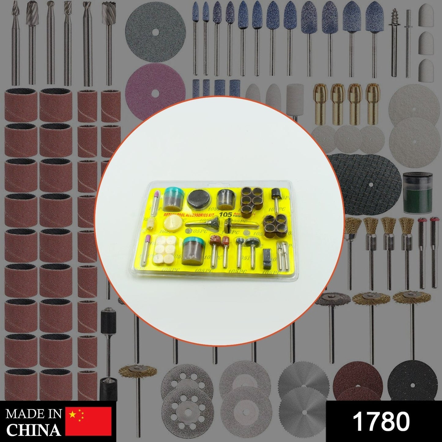 Close-up of assorted mini drill bits and grinding stones from the rotary tool accessory set, ideal for precision engraving.