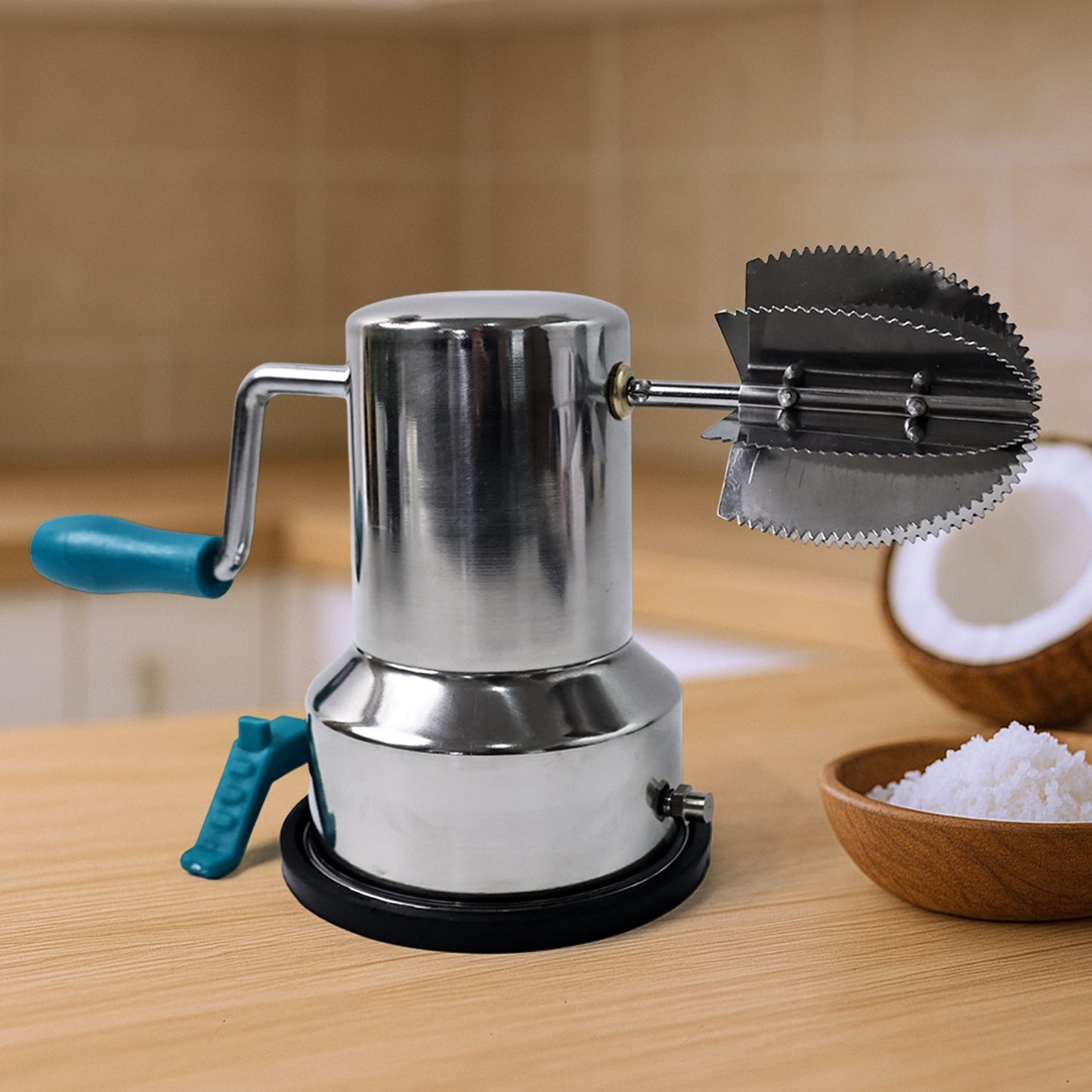 Stainless steel coconut scraper with strong vacuum base for stable grating