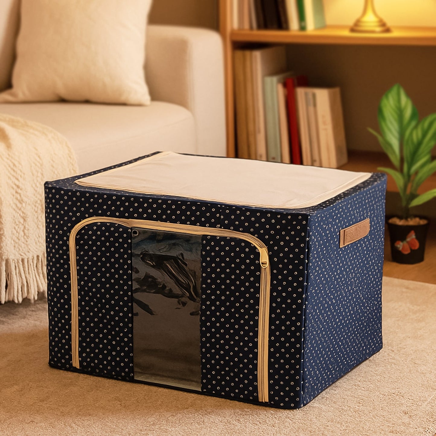 Foldable Steel-Frame Clothes Storage Box with clear window for easy viewing of contents.