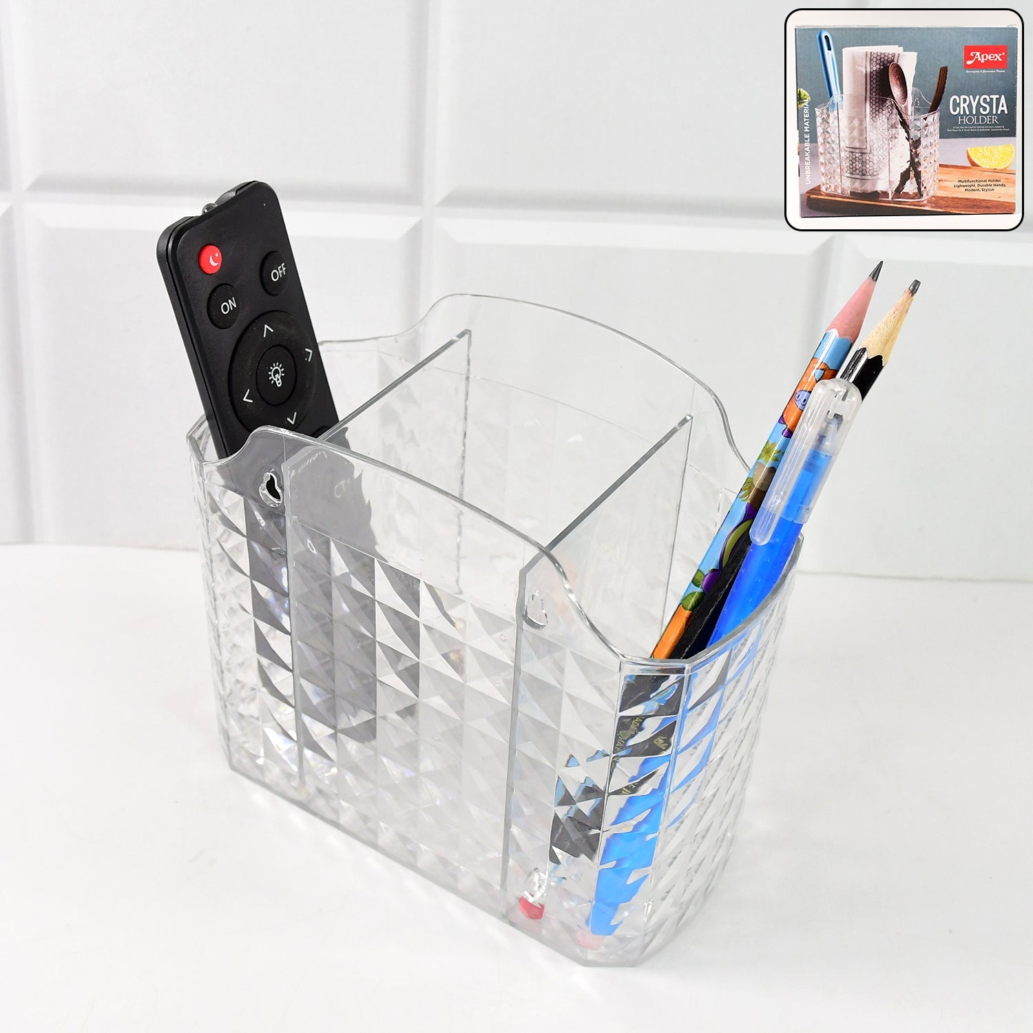 Clear plastic multipurpose organizer showing durable crystal-textured design