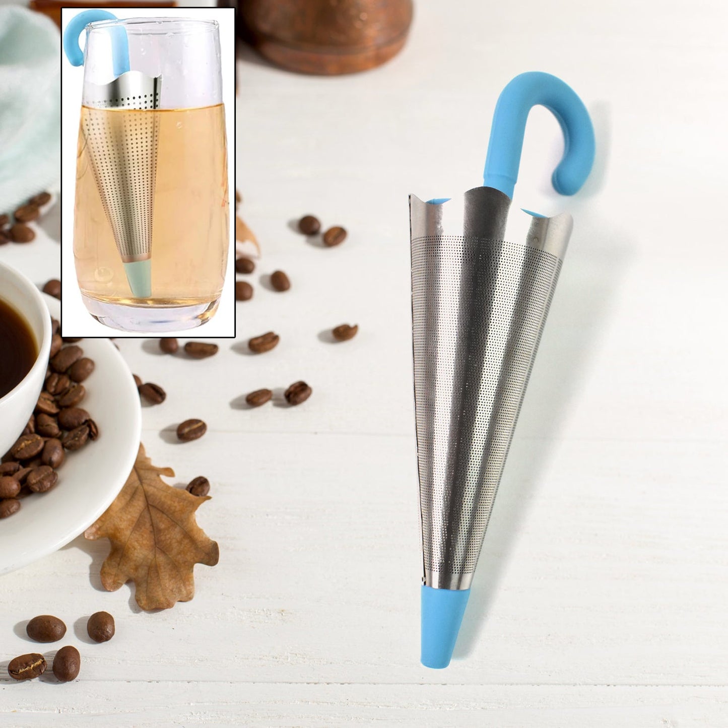 Colourful umbrella tea strainers displayed together, ready for use.
