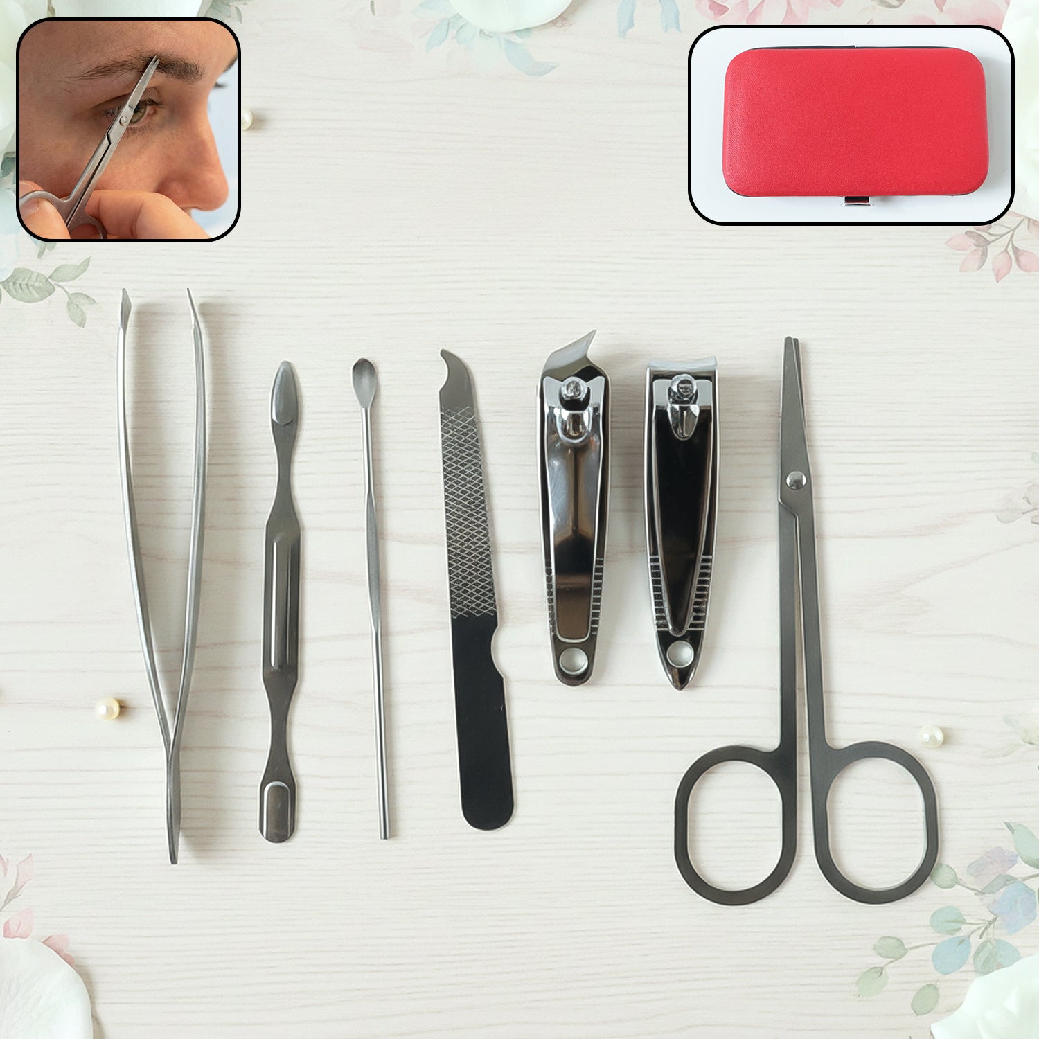 7-in-1 stainless steel manicure and pedicure grooming kit with protective storage case