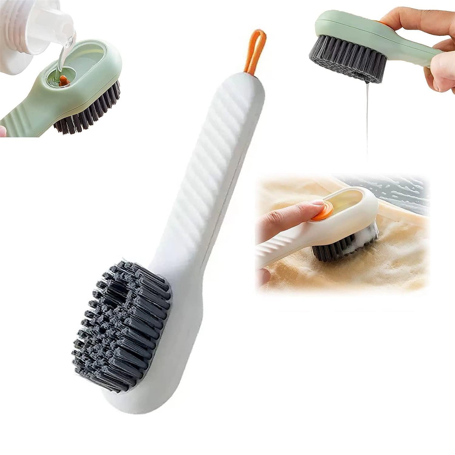 Ergonomic scrubbing brush with dispenser, showing comfortable non-slip handle.