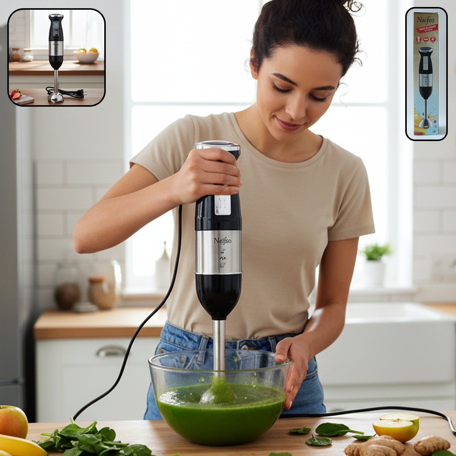 Stainless steel handheld emulsion blender with four-blade blade on kitchen counter
