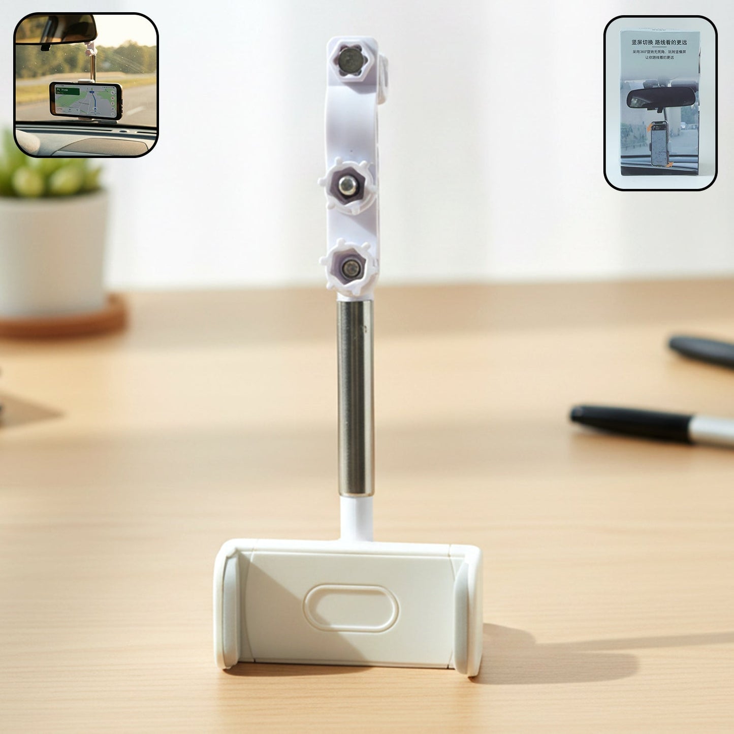 Car phone holder attached to rearview mirror showing adjustable mount