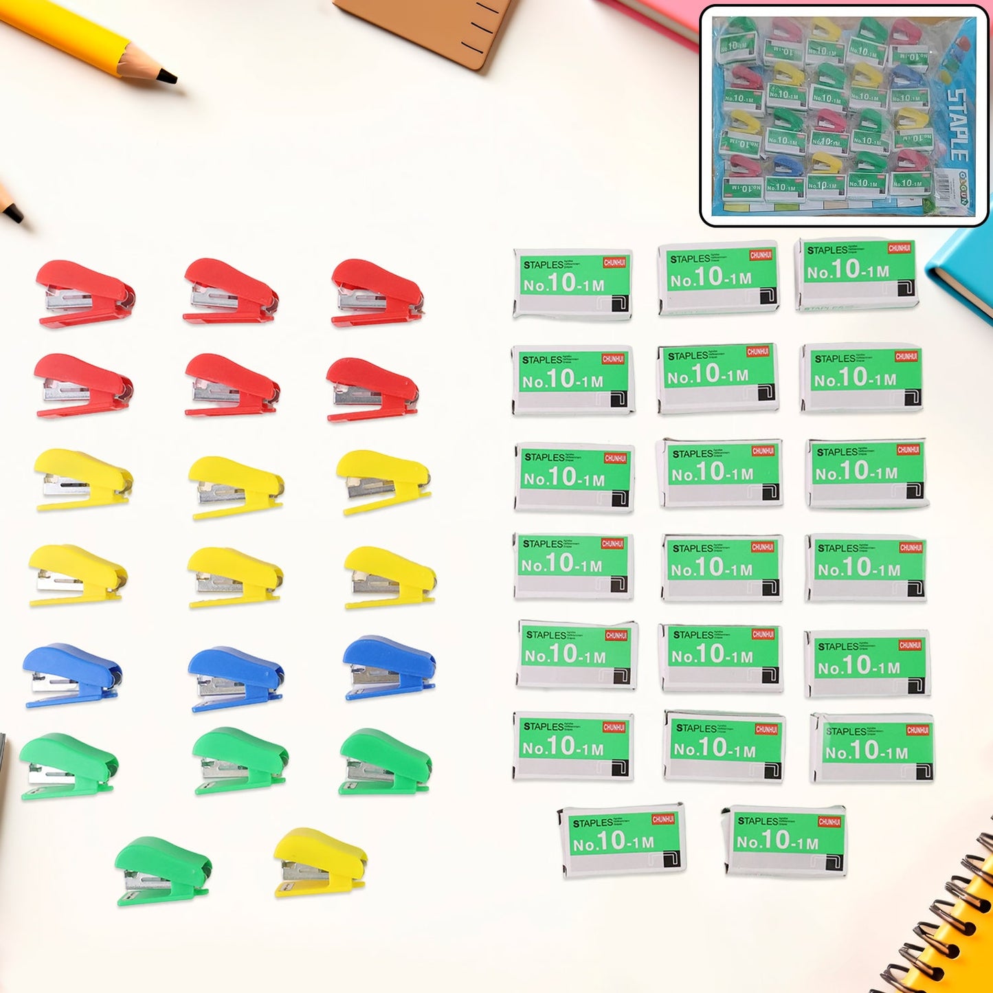 Mini stapler set with No.10 staple pins in assorted colors