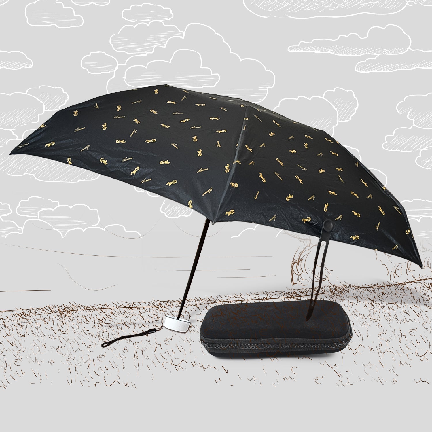 Compact umbrella with UV shield and zip case, displayed open for sun and rain protection.
