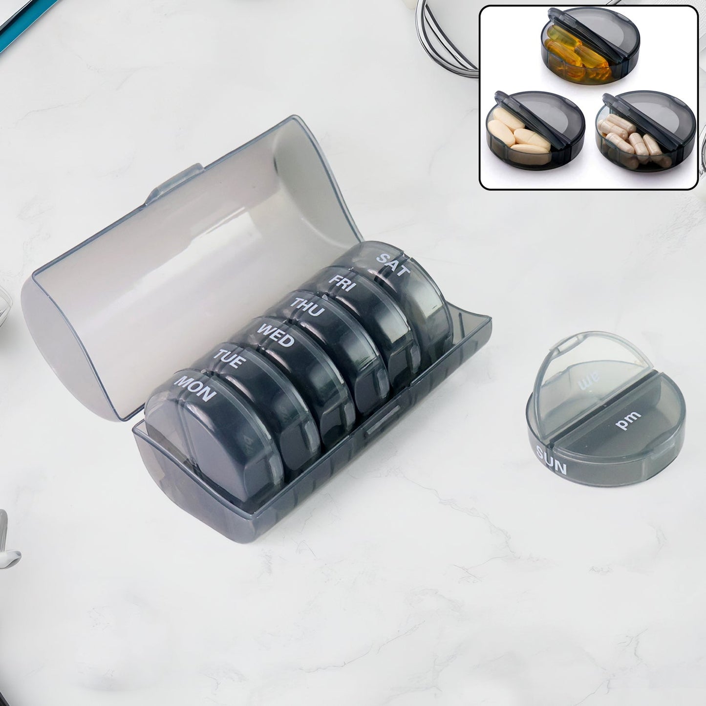 FERVENT Weekly Pill Organizer with 7 rainbow-colored daily boxes inside a clear case.
