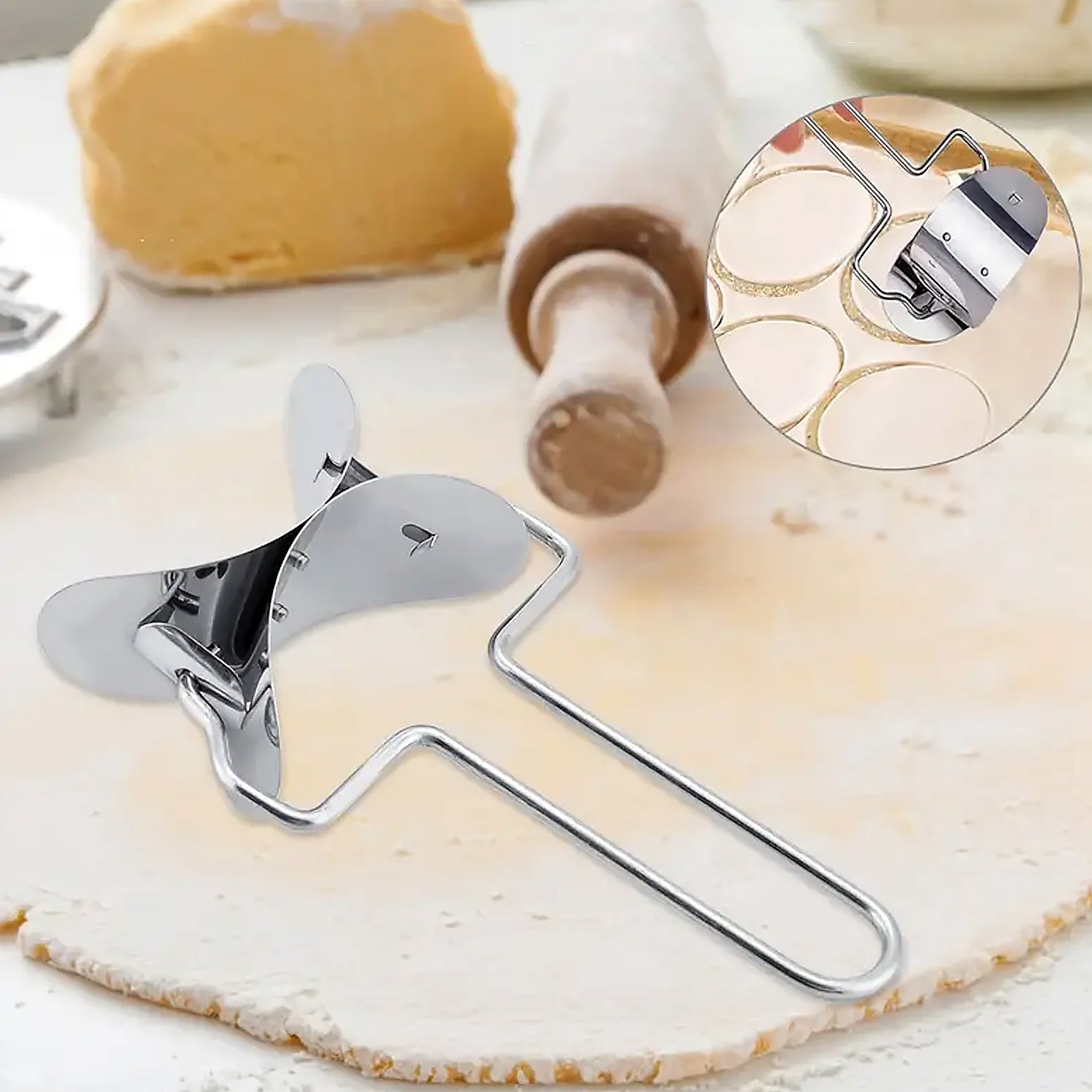 Puri cutter roller displayed on a modern kitchen countertop, ready for use.