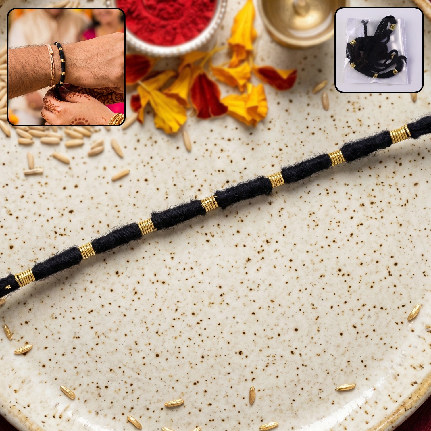 Handmade black thread rakhi bracelet with gold beads, perfect for Raksha Bandhan