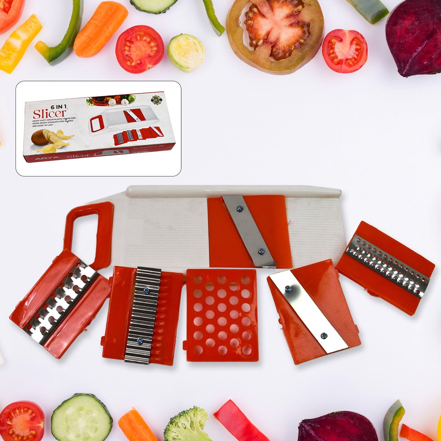 Quickslice 6-in-1 vegetable slicer set with multiple blades for versatile food prep.
