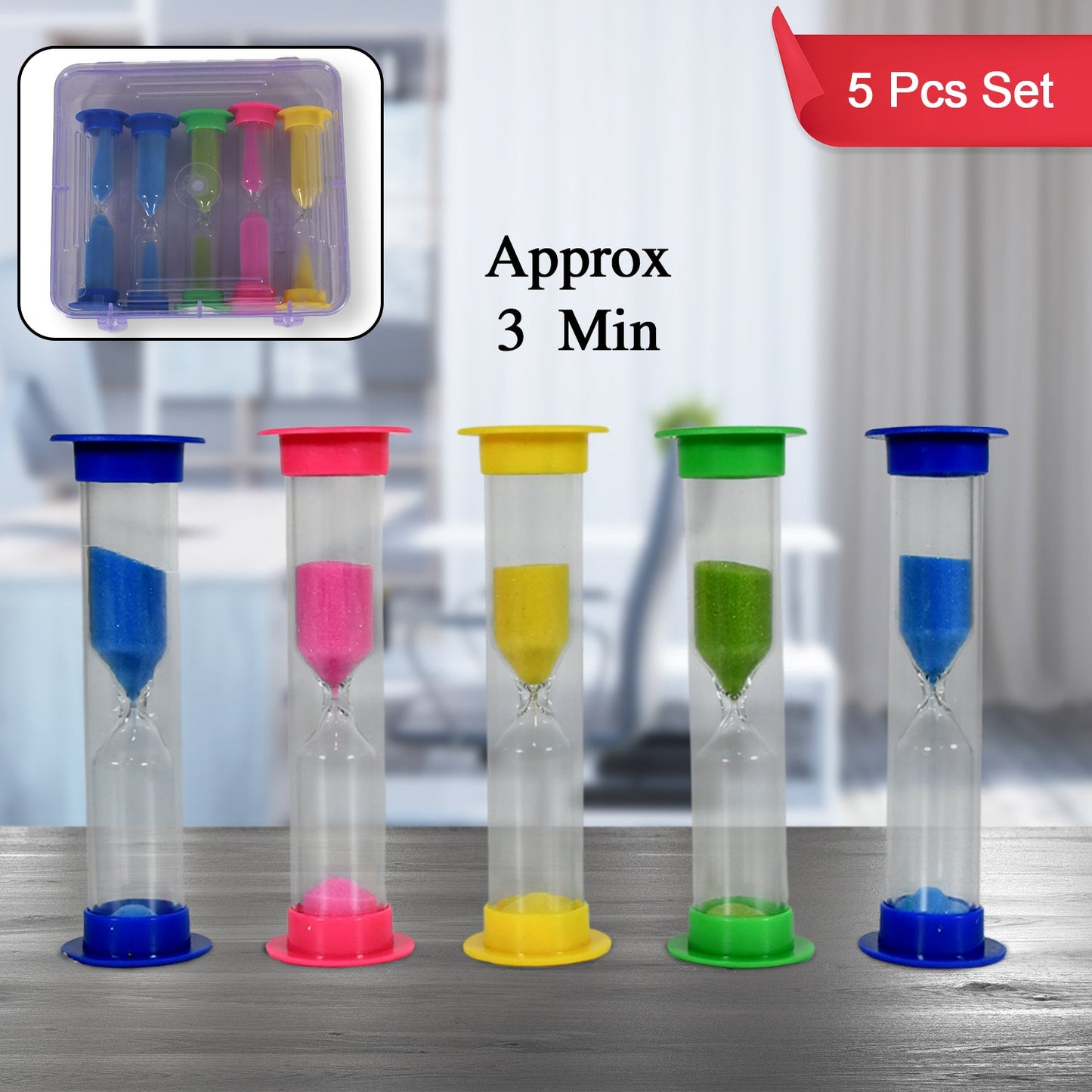 The vibrant 5-piece sand timer set displayed together, showcasing their compact size.