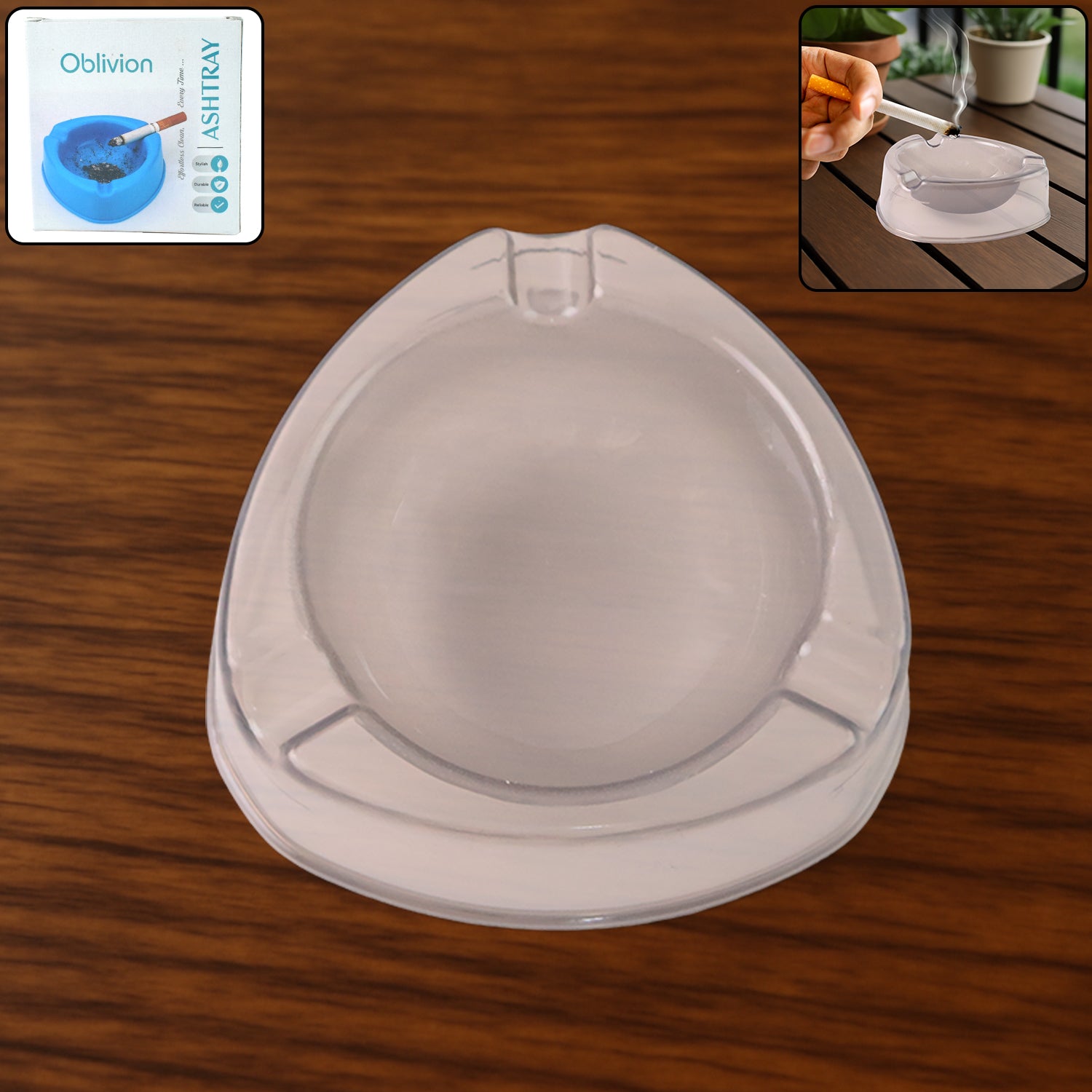 Transparent white ashtray with cigarette holder grooves and modern triangular design