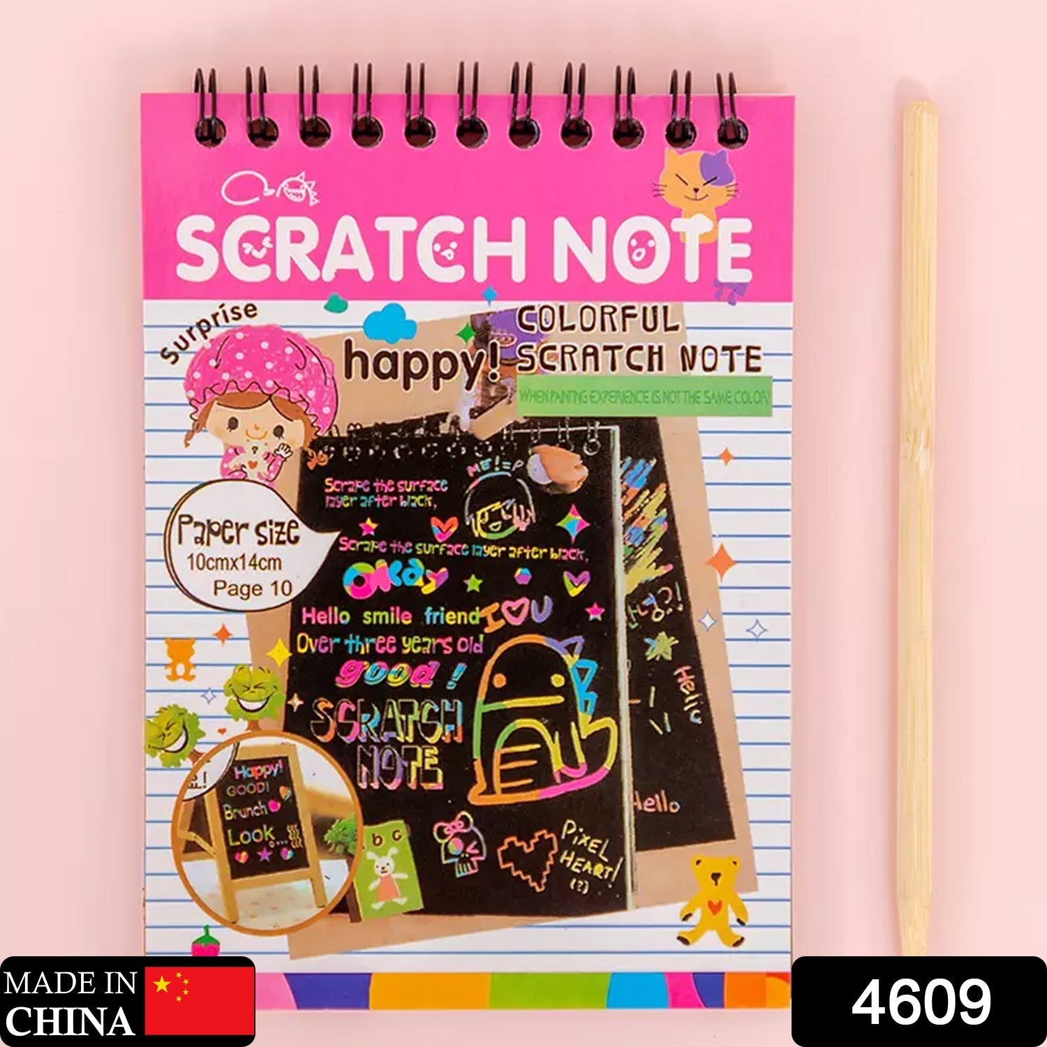 Close-up of a rainbow art scratch book with a bamboo tool, ready for creative play.