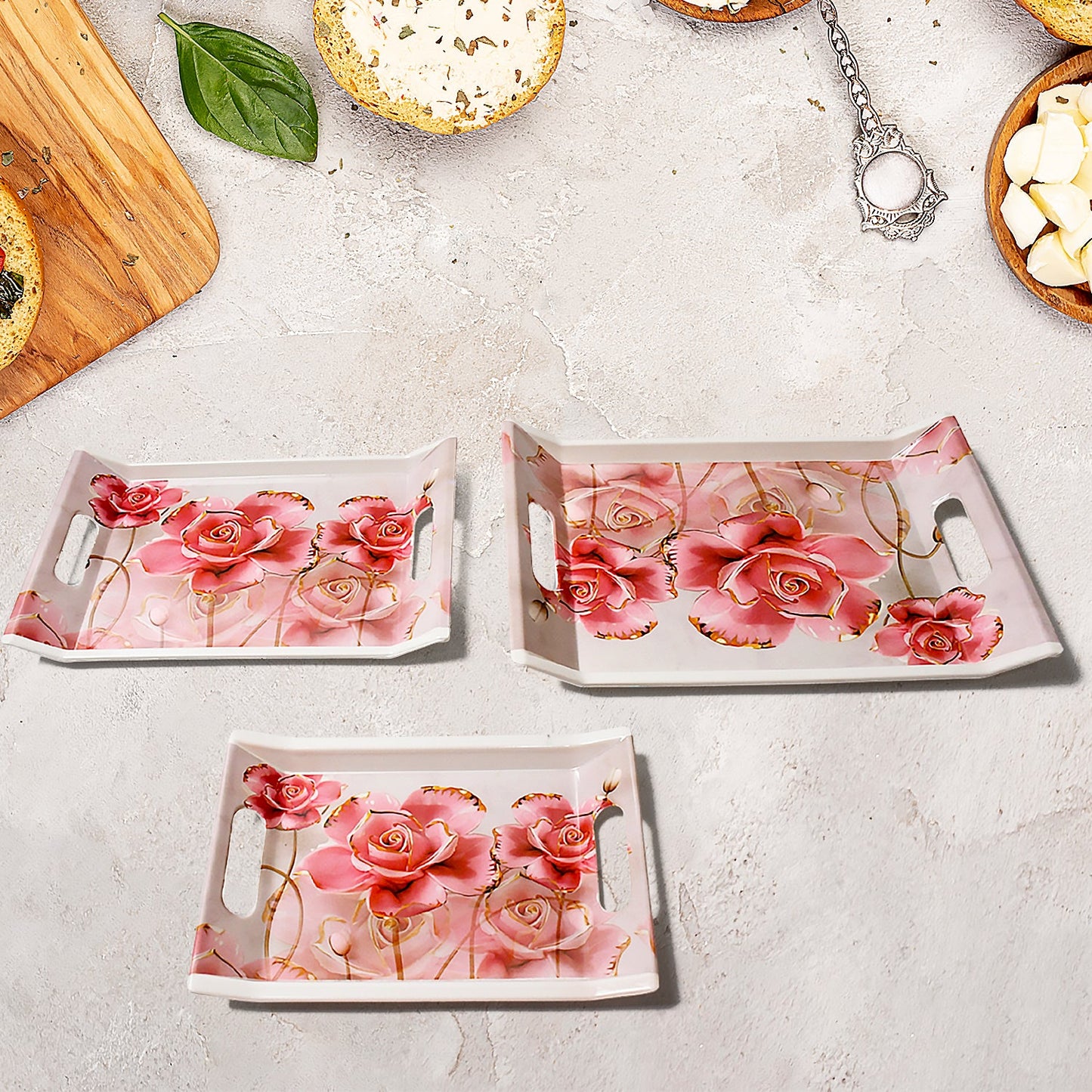 Close-up of the elegant floral printed design on a large plastic serving tray.