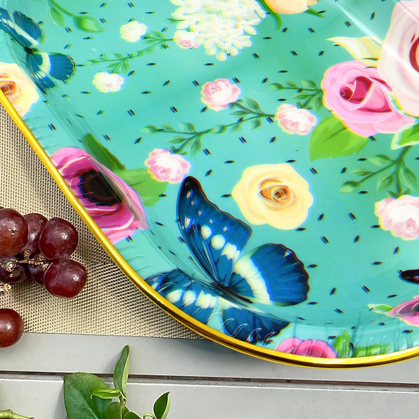 Overview of the rectangular flower printed plastic serving tray.