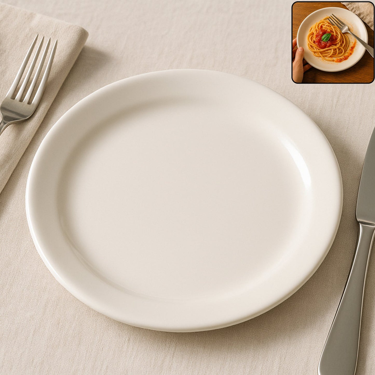 30 cm round dinner plate with glossy white finish on table