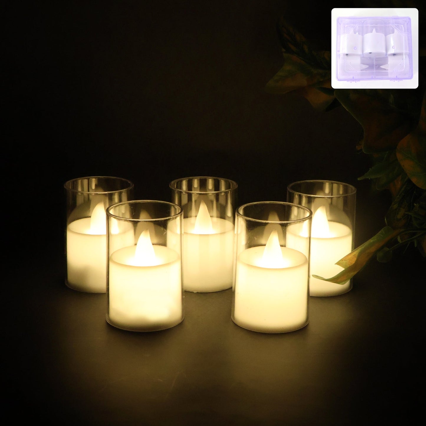 Set of 6 flameless LED votive candles glowing warm inside clear cups