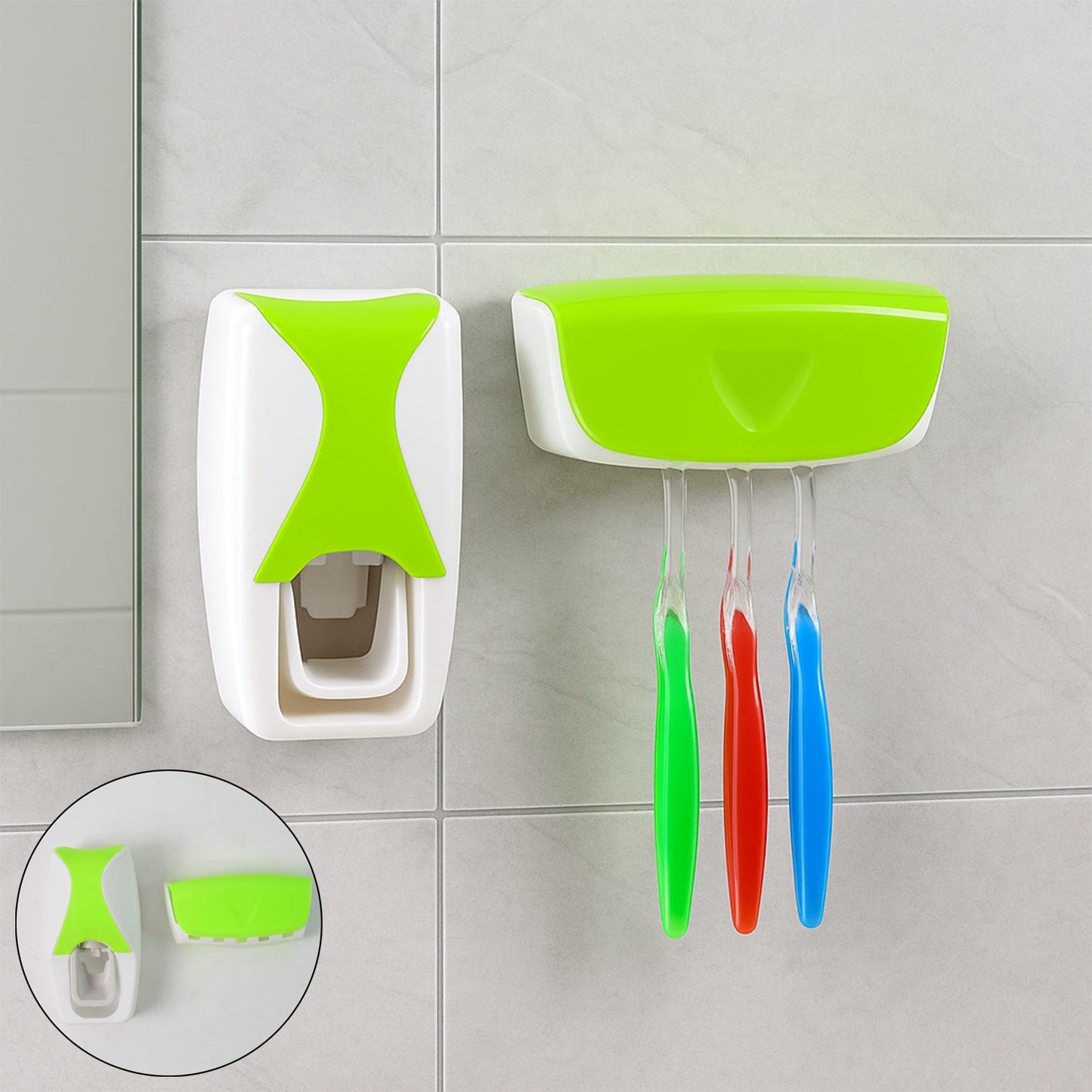 Automatic toothpaste dispenser with integrated toothbrush holder mounted on a bathroom wall.