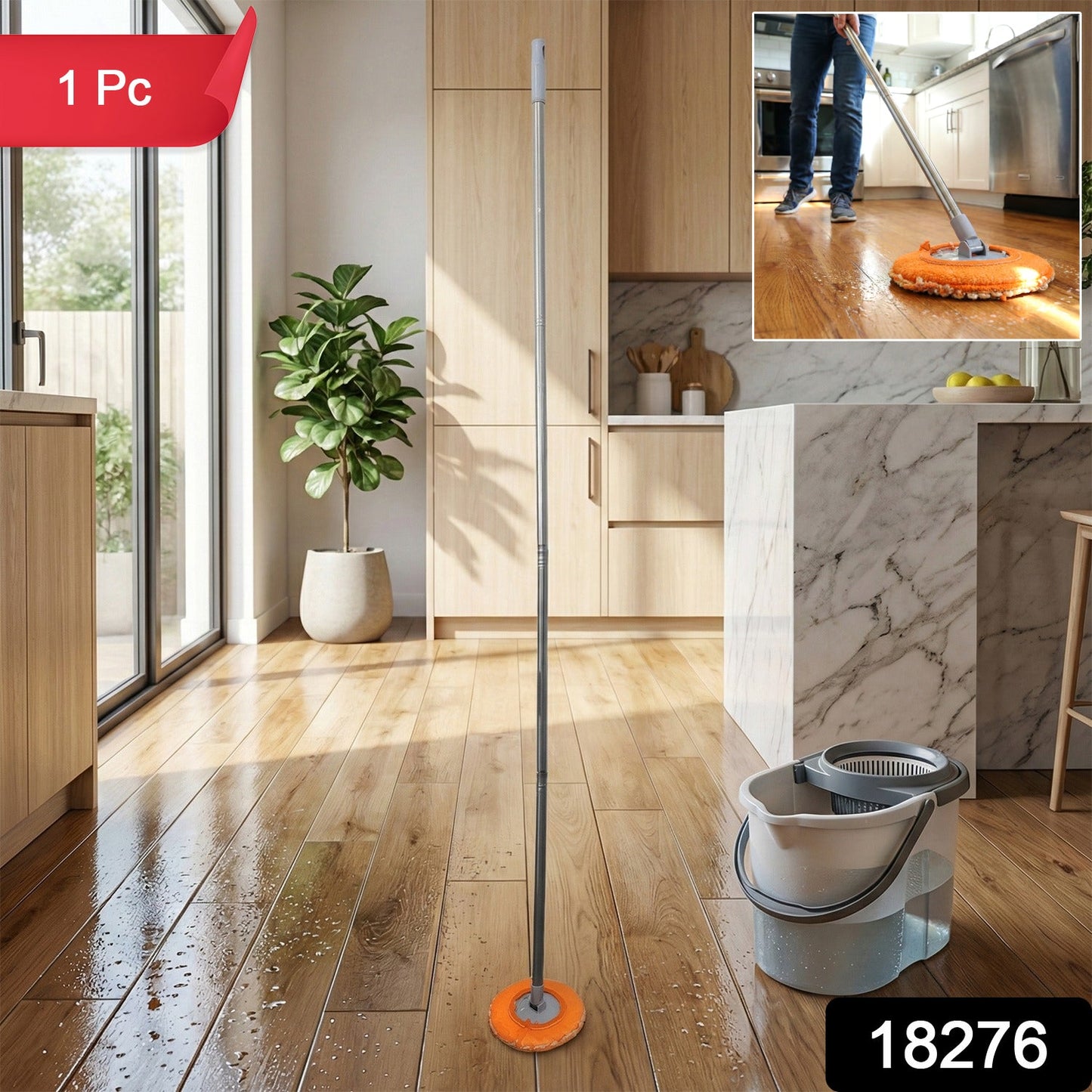 Spin mop handle attached to bucket for effortless home cleaning