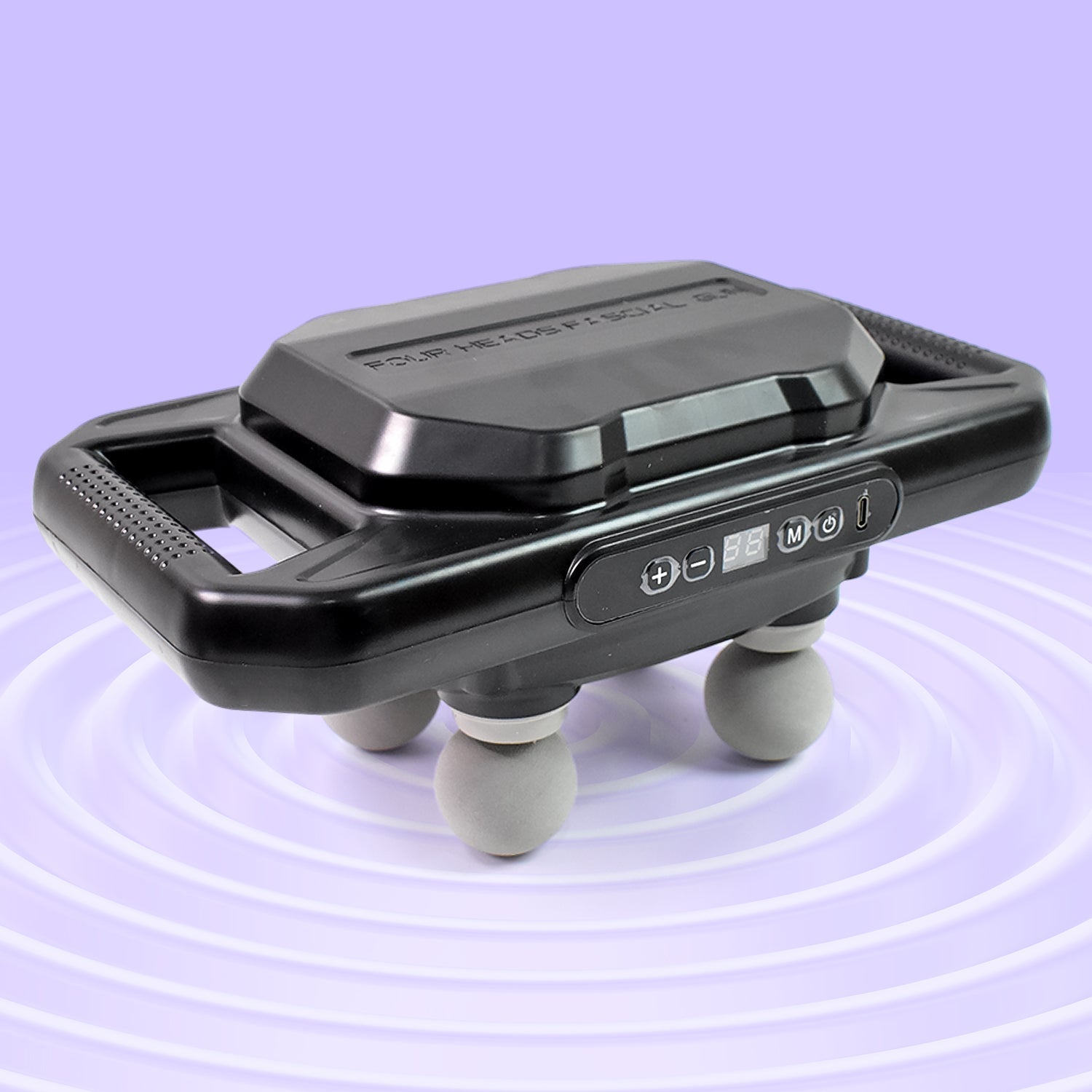 Handheld Deep Tissue Massage Gun with four heads in a mixed color finish.