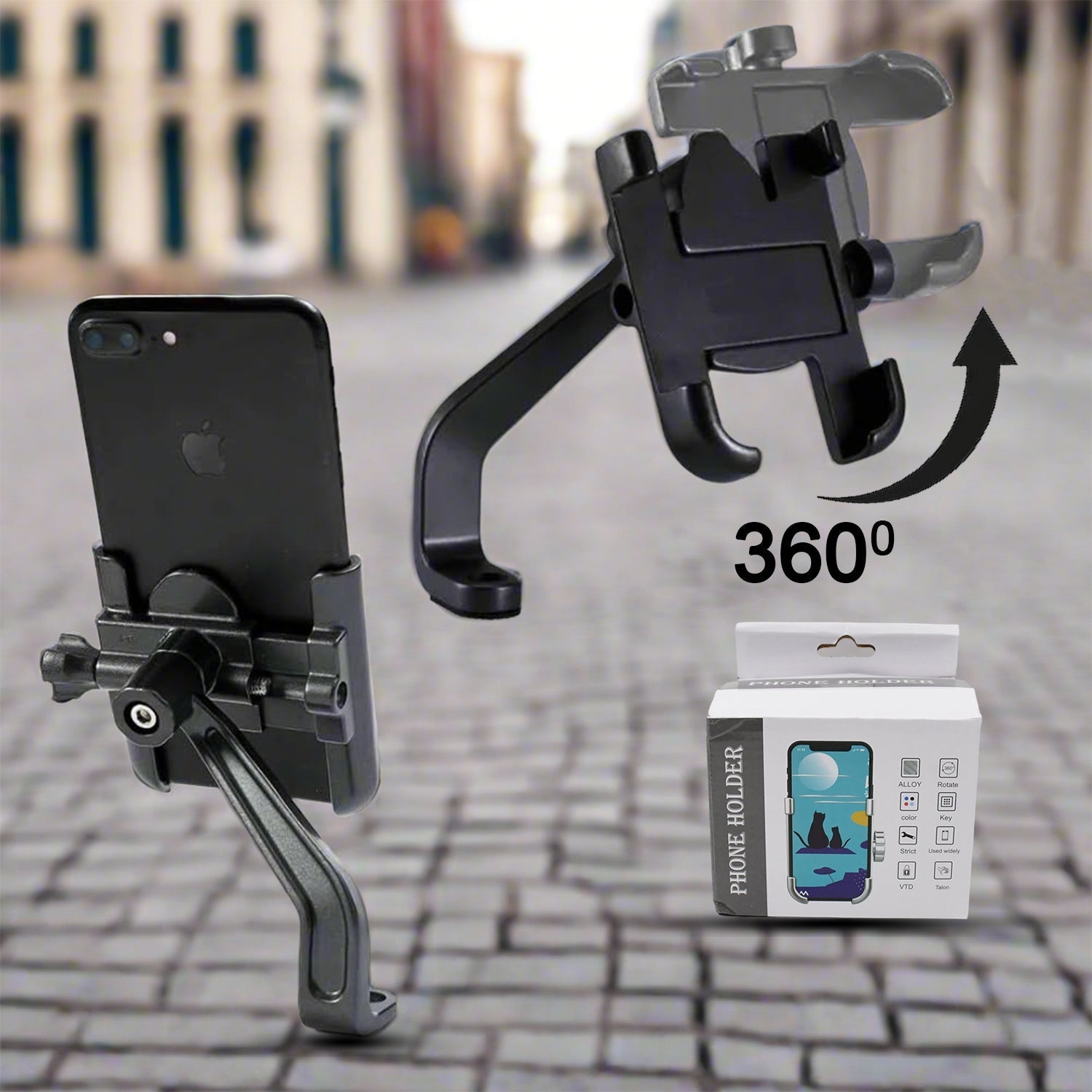 Detailed view of the aluminum alloy construction of the bike mobile holder.