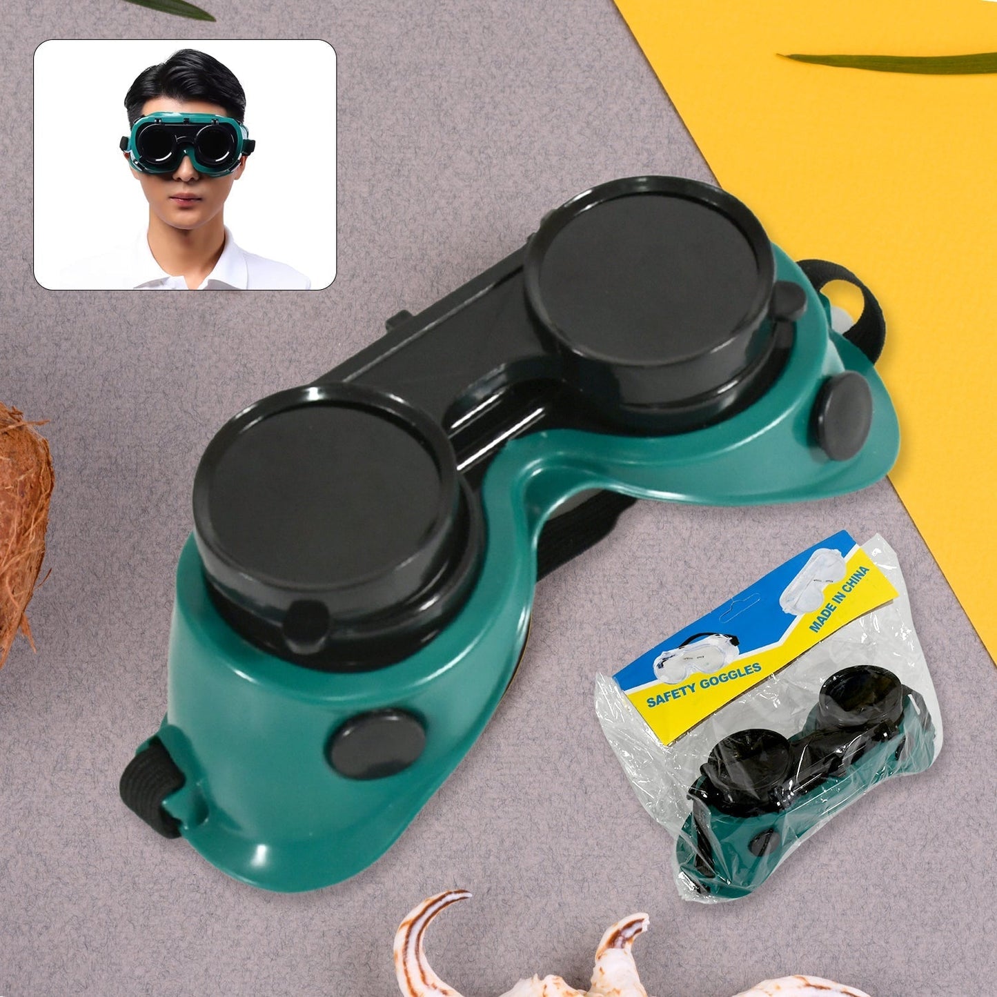 Close-up of BoltForce flip-up welding goggles with outer tinted lens raised