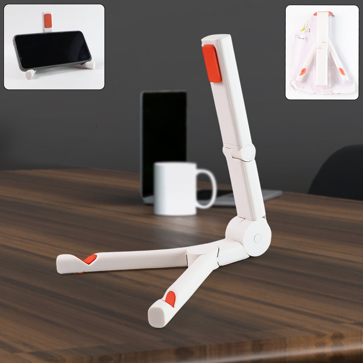 Foldable mobile phone and tablet stand offering adjustable viewing angles for desk and travel.