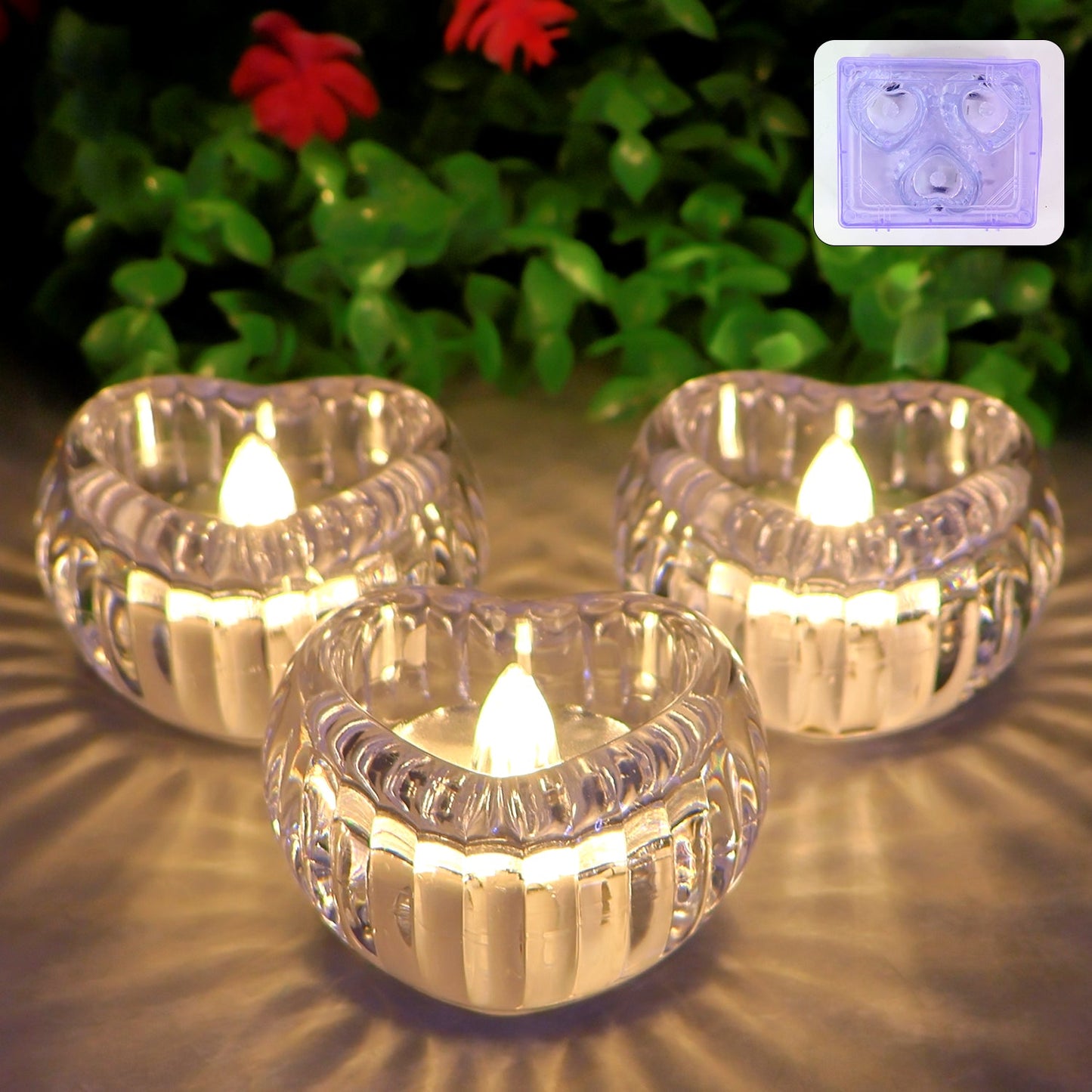 Set of 3 heart-shaped LED flameless decorative candles with crystal-effect design