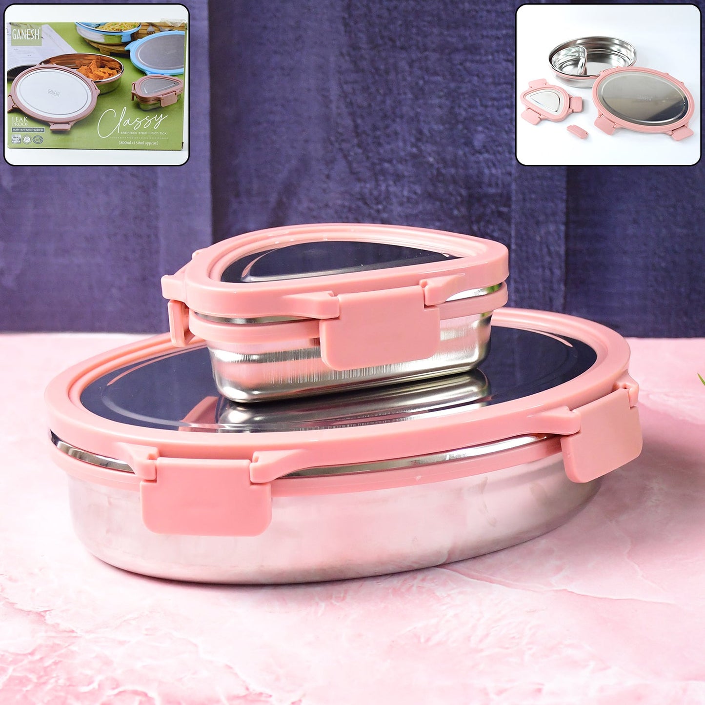 Pink Stainless Steel Lunch Box Set with Leakproof Lids for Office Meals
