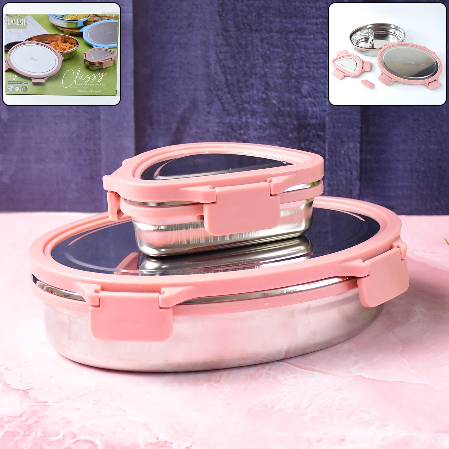 Pink Stainless Steel Lunch Box Set with Leakproof Lids for Office Meals